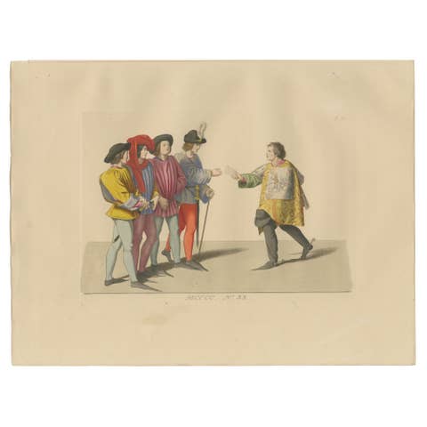 Medieval Messengers & Courtiers, Elegant Hand-Colored Antique Print, France 1845