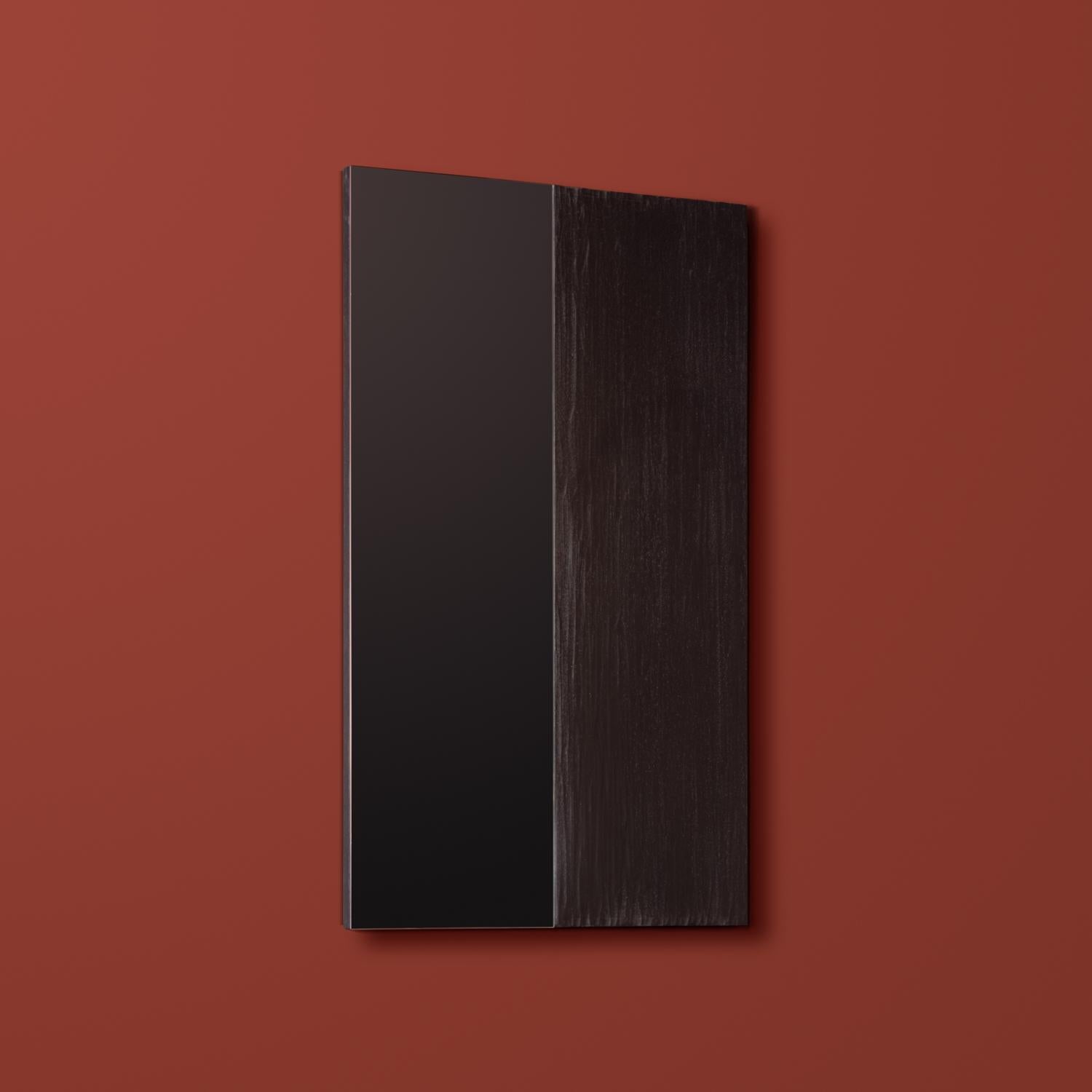 Minimalistic Wall Mirror in Hand-Carved and Blackened Oak Panel by Rooms Studio In New Condition For Sale In New York, NY