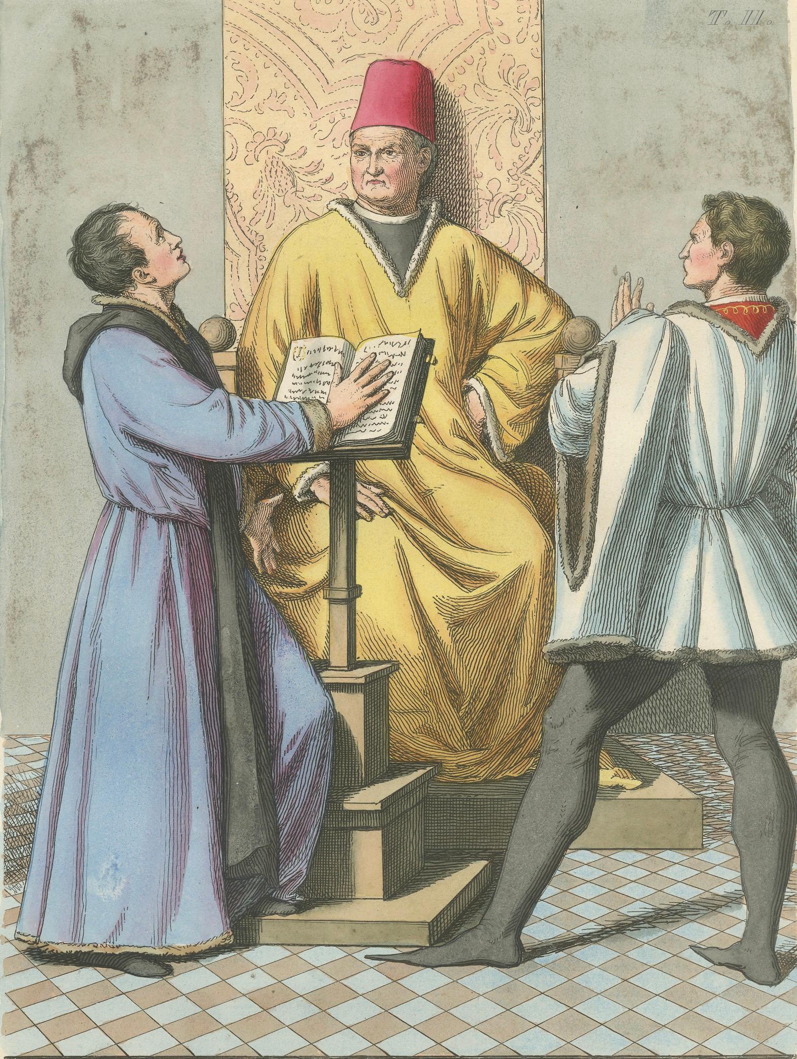 Medieval Nobility & Ritual, Decorative Hand-Colored Print, France 1845