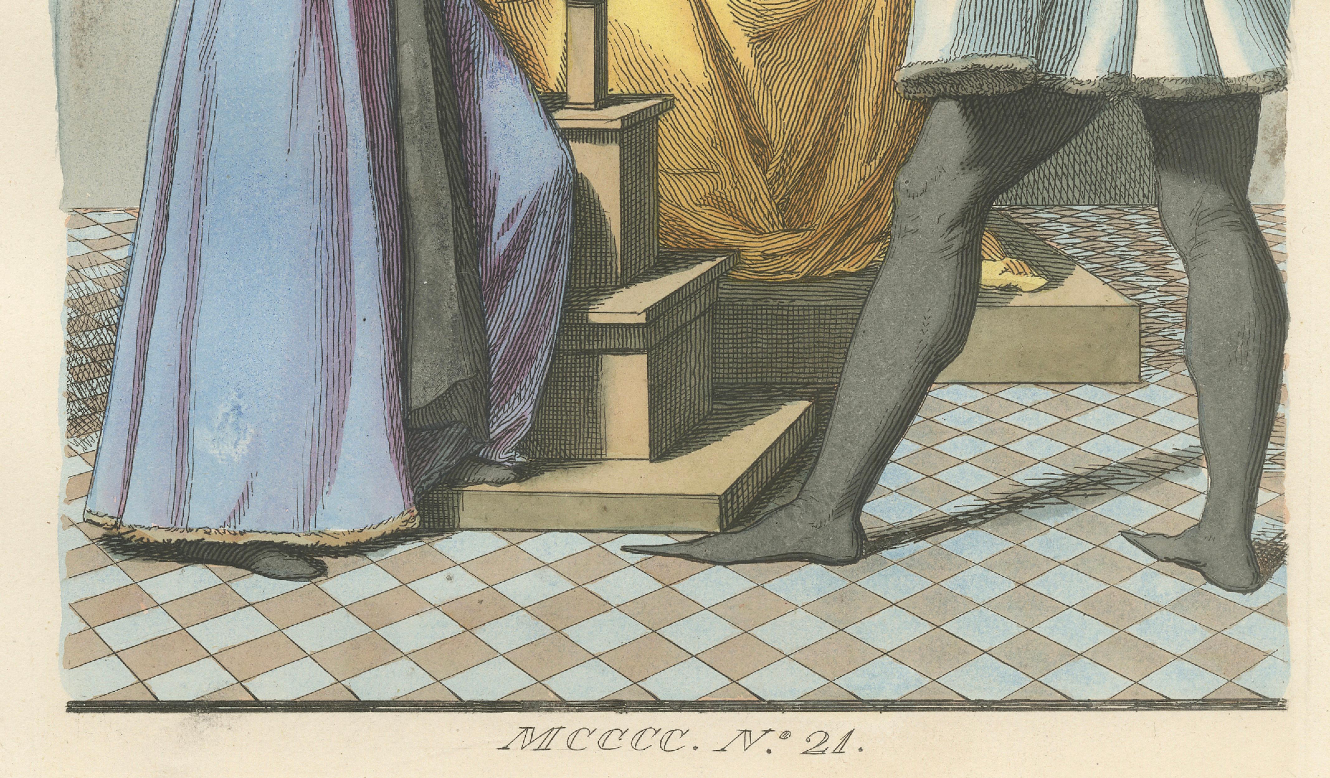 Medieval Nobility & Ritual, Decorative Hand-Colored Print, France 1845