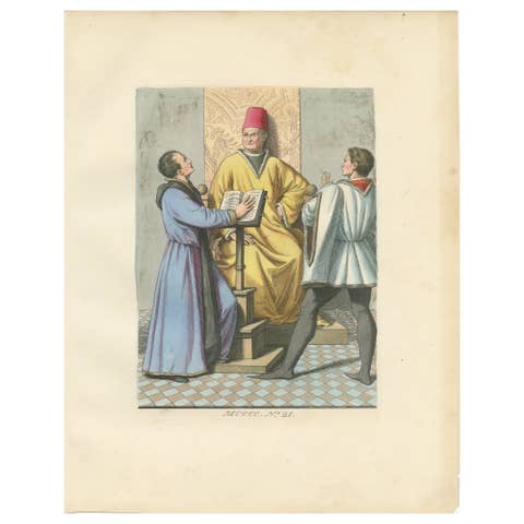 Medieval Nobility & Ritual, Decorative Hand-Colored Print, France 1845