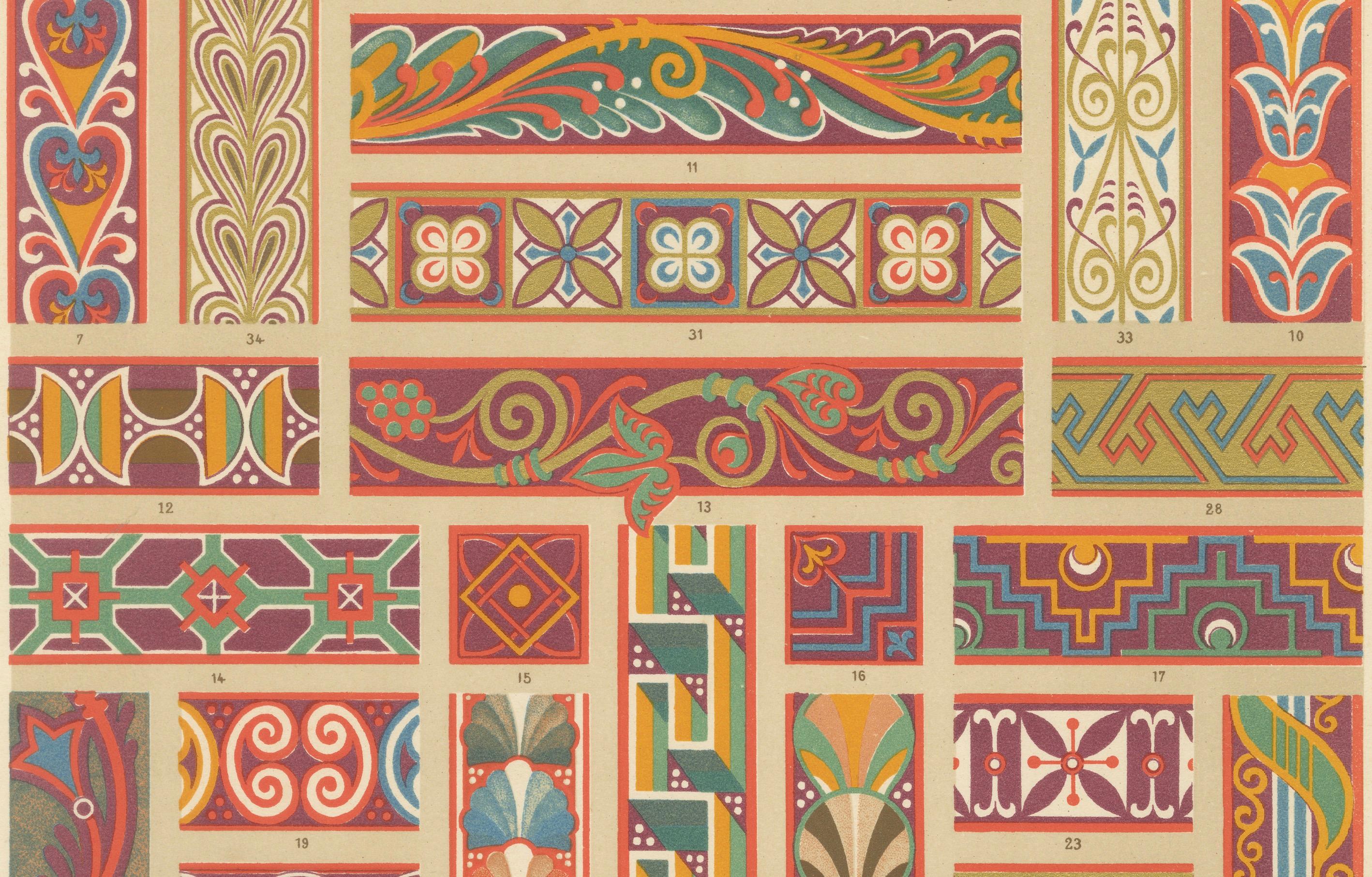 Gravure d'ornement médiéval - Lithographie ancienne de bordures décoratives du Moyen Âge, c.1869.

Cette vibrante chromolithographie présente une compilation richement détaillée de motifs de bordures décoratives du Moyen Âge européen. La planche
