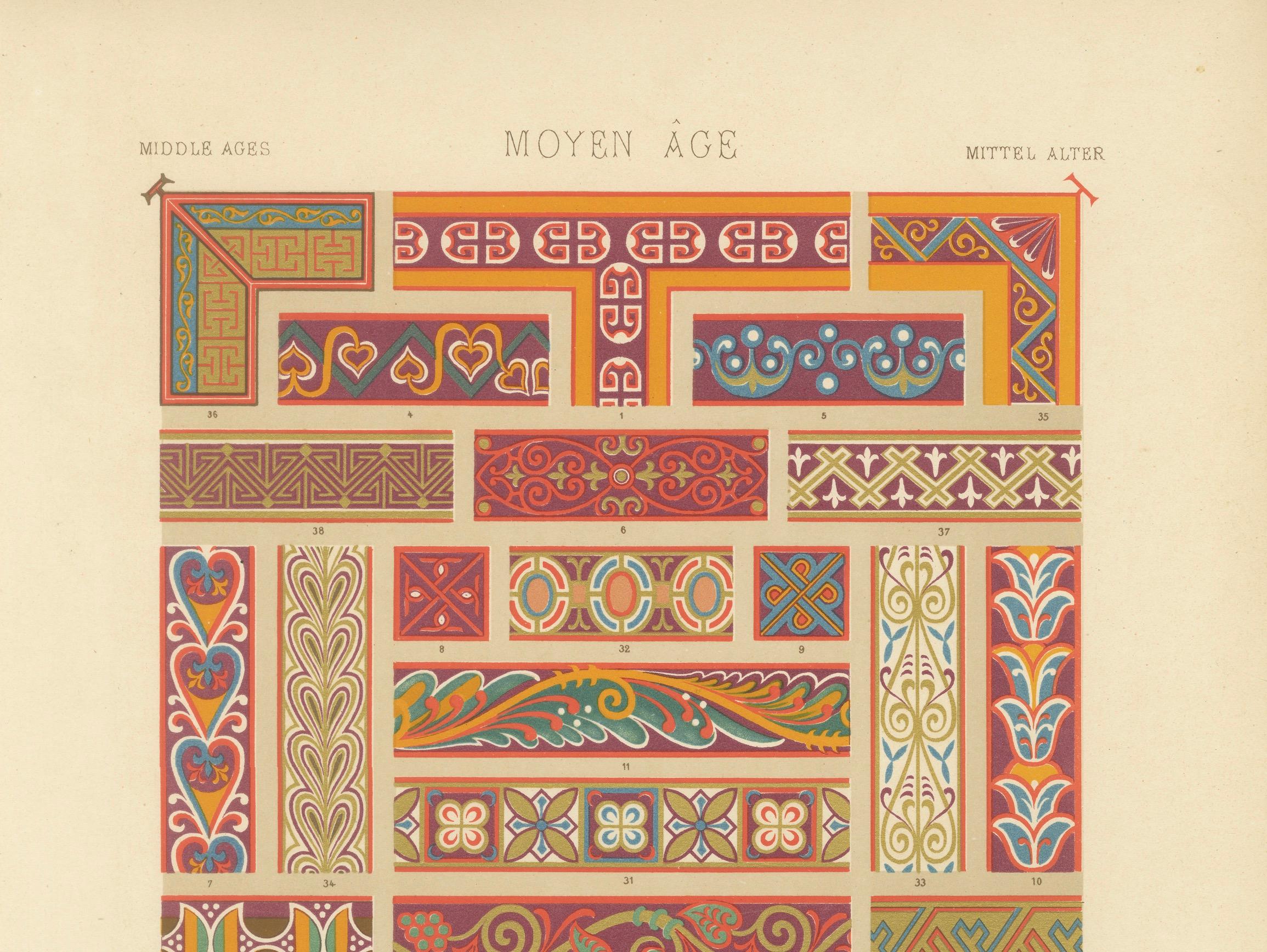 Impression d'ornements médiévaux - Bordures décoratives anciennes du Moyen Âge, 1869 Bon état - En vente à Langweer, NL