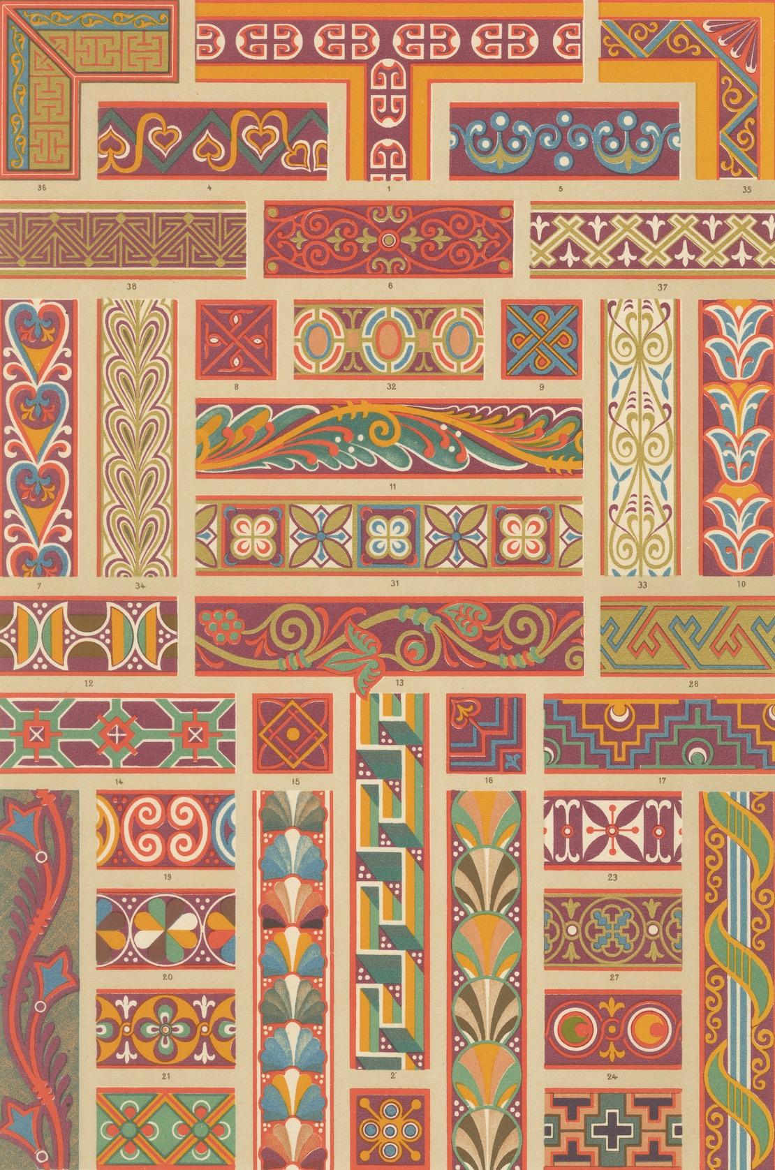 XIXe siècle Impression d'ornements médiévaux - Bordures décoratives anciennes du Moyen Âge, 1869 en vente
