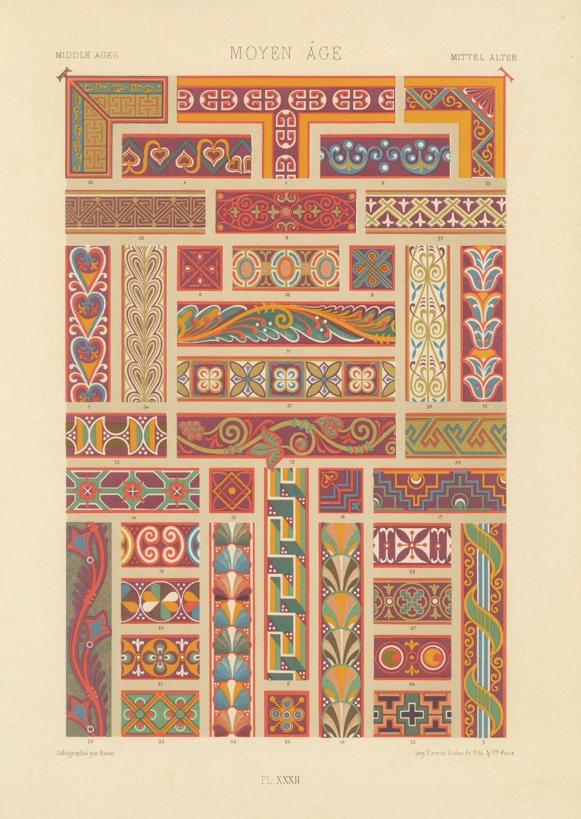 Papier Impression d'ornements médiévaux - Bordures décoratives anciennes du Moyen Âge, 1869 en vente