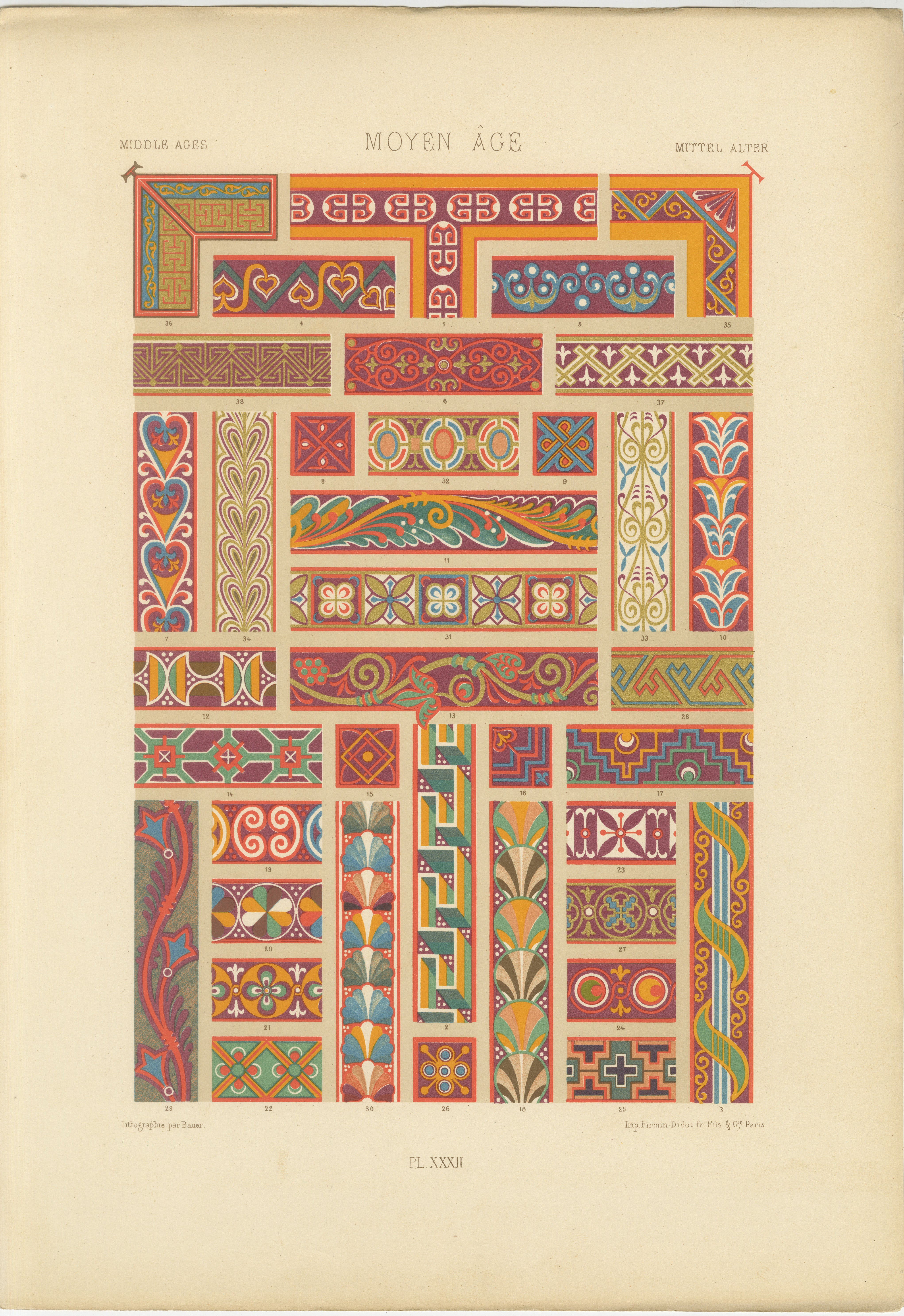 Medieval Ornament Print – Antique Middle Ages Decorative Borders, 1869