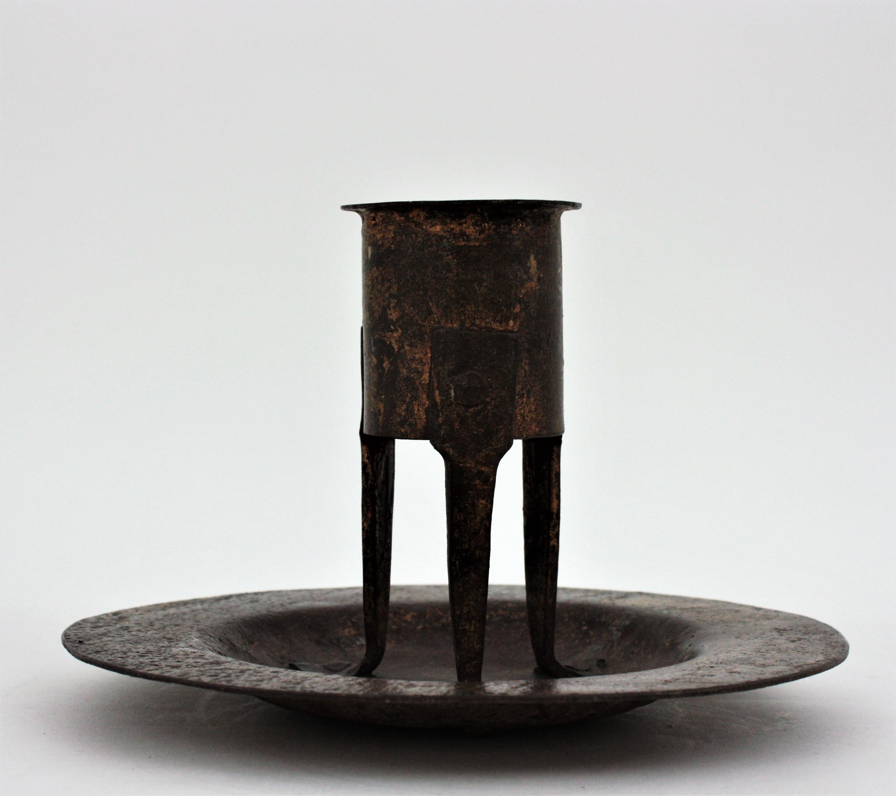 Medieval Parcel-Gilt Hand Forged Iron Candleholder, Spain, 16th Century 3