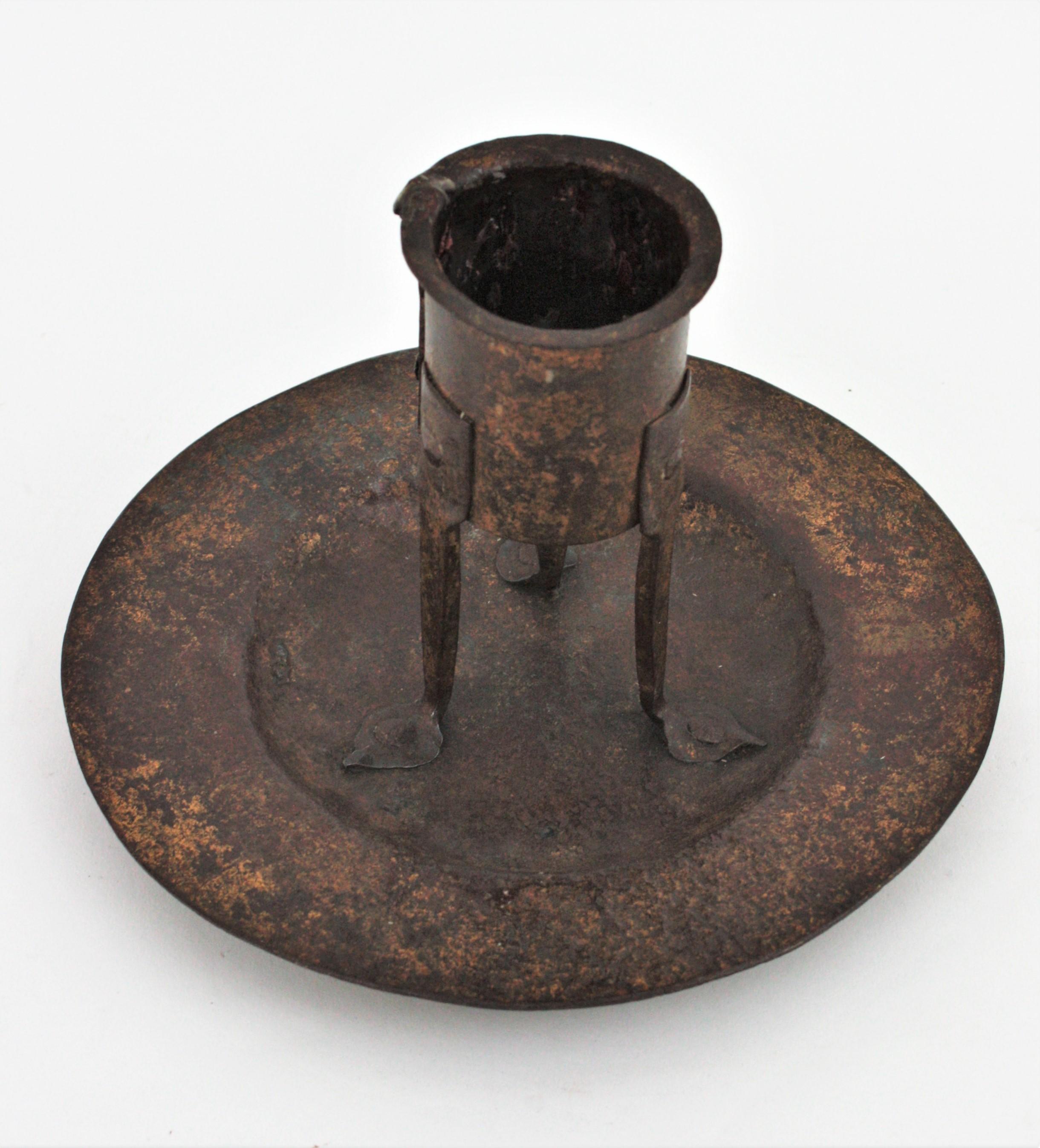 17th Century Medieval Parcel-Gilt Hand Forged Iron Candleholder, Spain, 16th Century