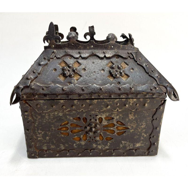 18th Century and Earlier Medieval Patinated Iron-Mounted Oak Casket, 15th Century For Sale