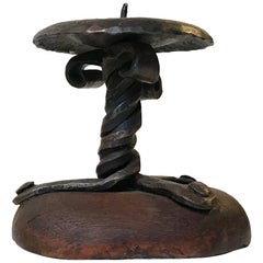 Medieval Peasant Candleholder in Forged Iron and Split Wood, 15th Century