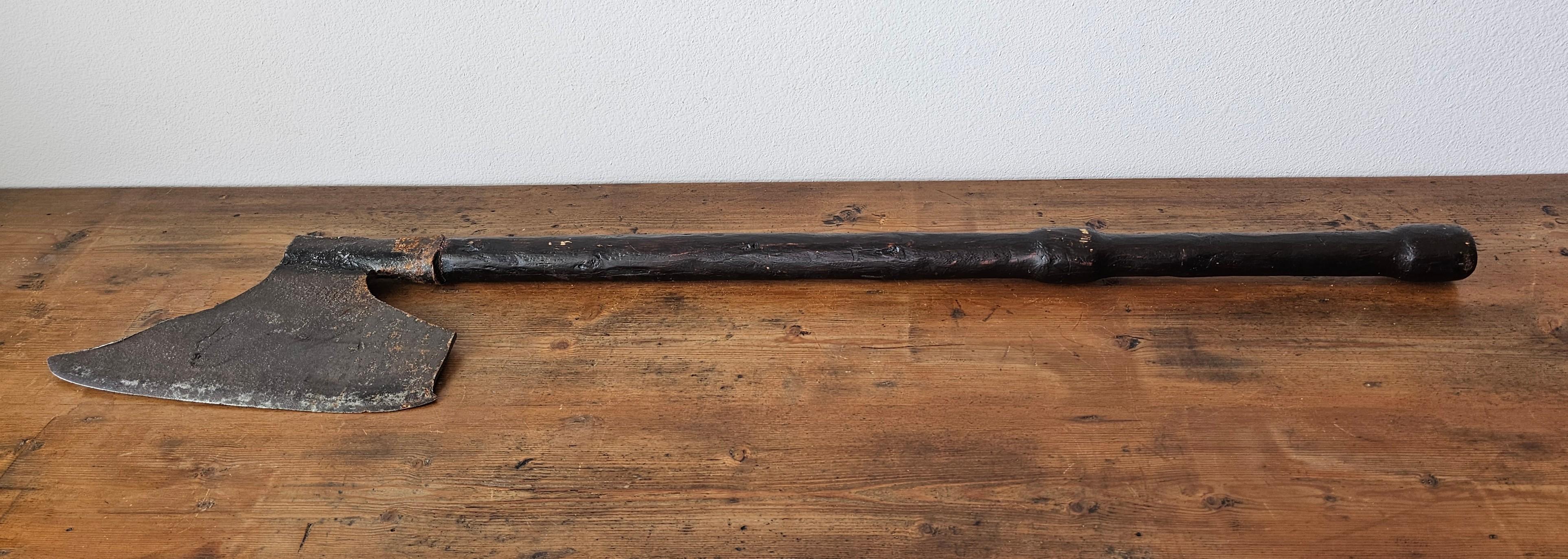 A rare authentic antique Late Medieval period (circa 1300-1500) European polearm two-handed battle axe (dane axe / sparth axe) probably English, Scottish or Italian. Impressive large size, forged steel head with broad blade, mounted on a long wooden