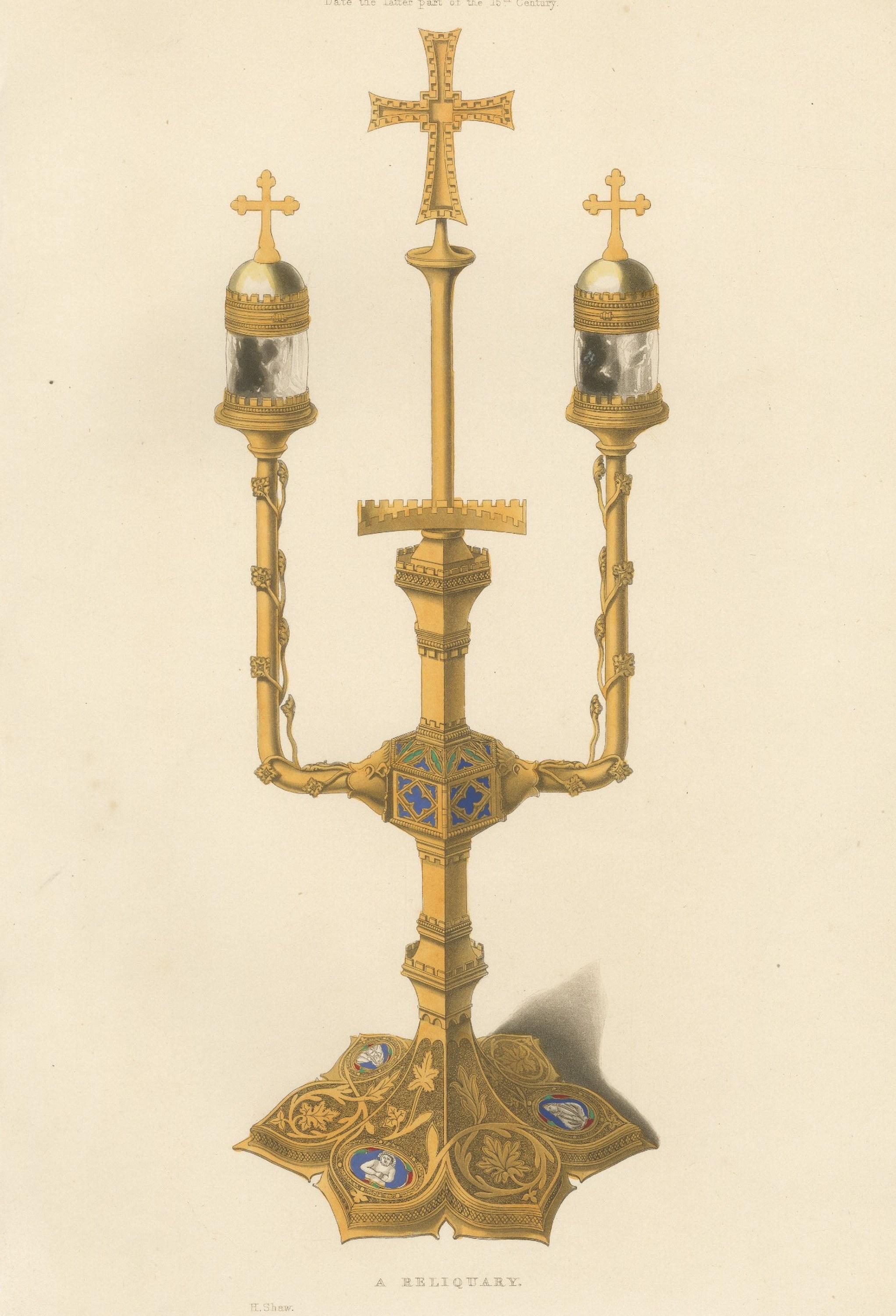 Medieval Reliquary – Gothic Church Treasure, Hand-Colored Engraving, ca.1850