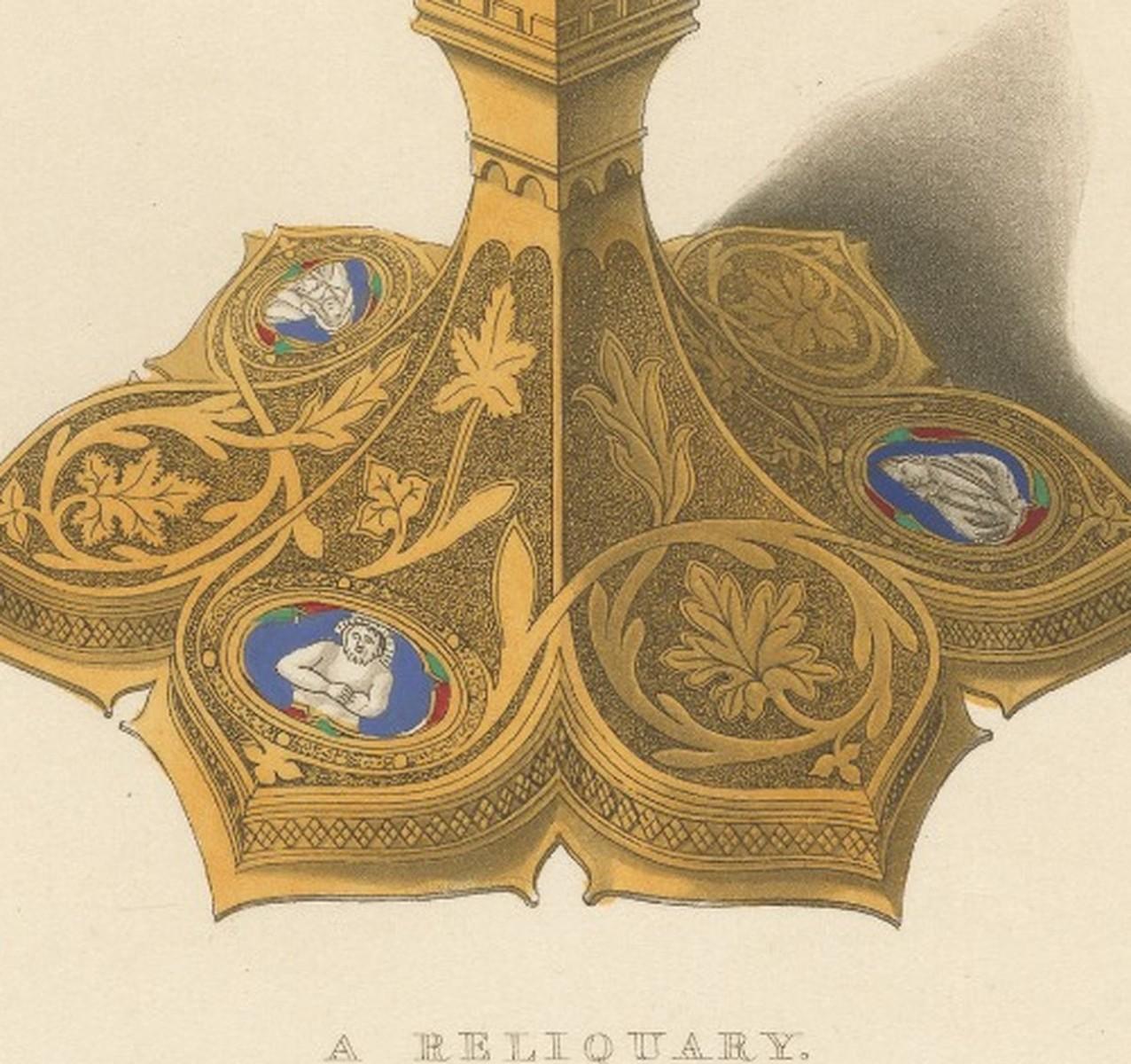 Medieval Reliquary – Gothic Church Treasure, Hand-Colored Engraving, ca.1850