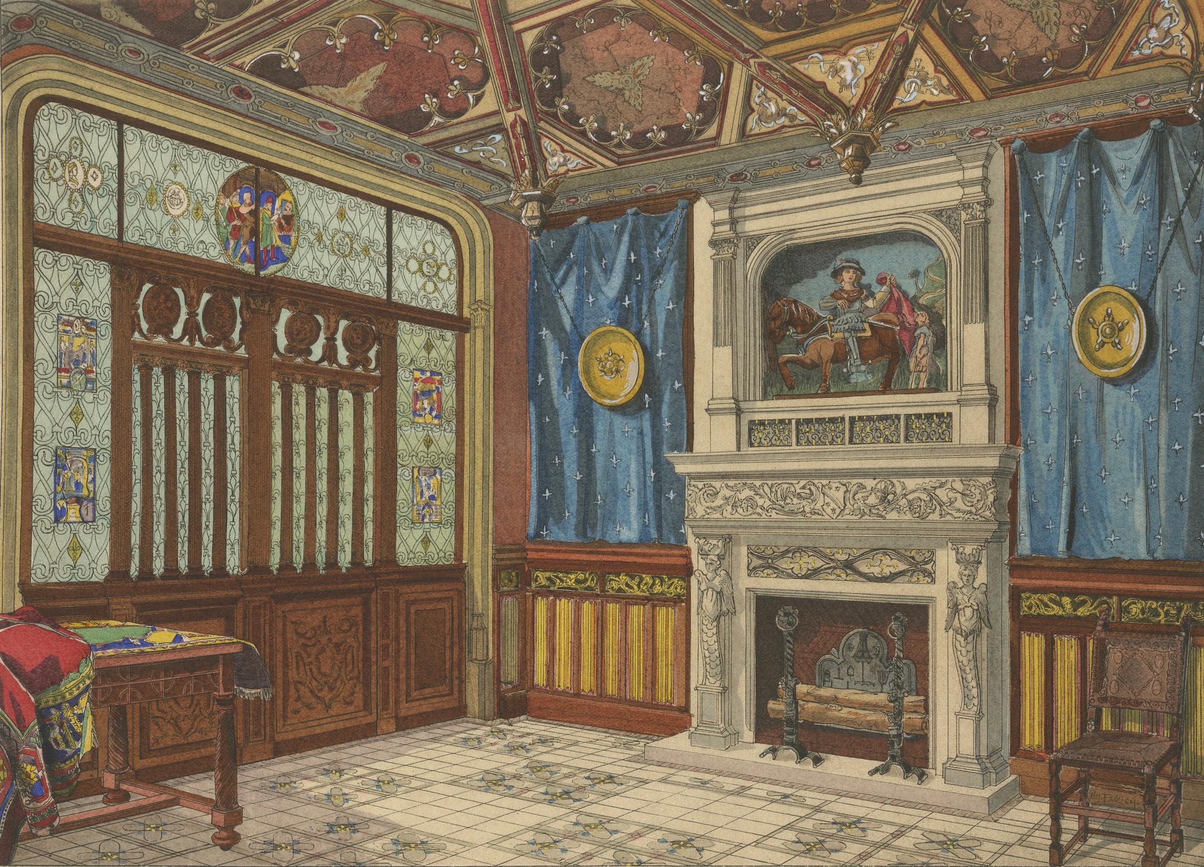 Medieval Revival Office Interior with Monumental Fireplace, c.1900