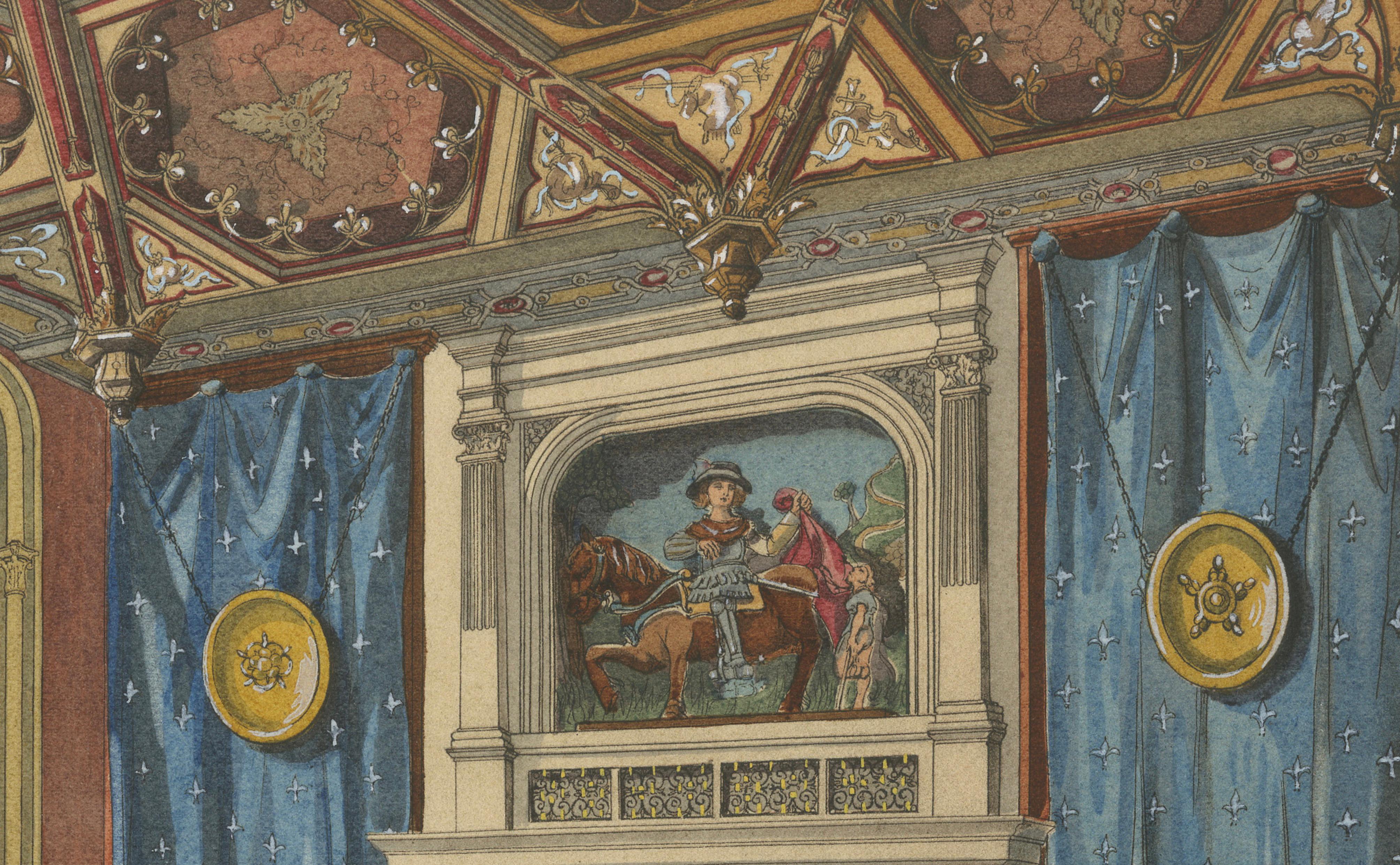 Medieval Revival Office Interior with Monumental Fireplace, c.1900