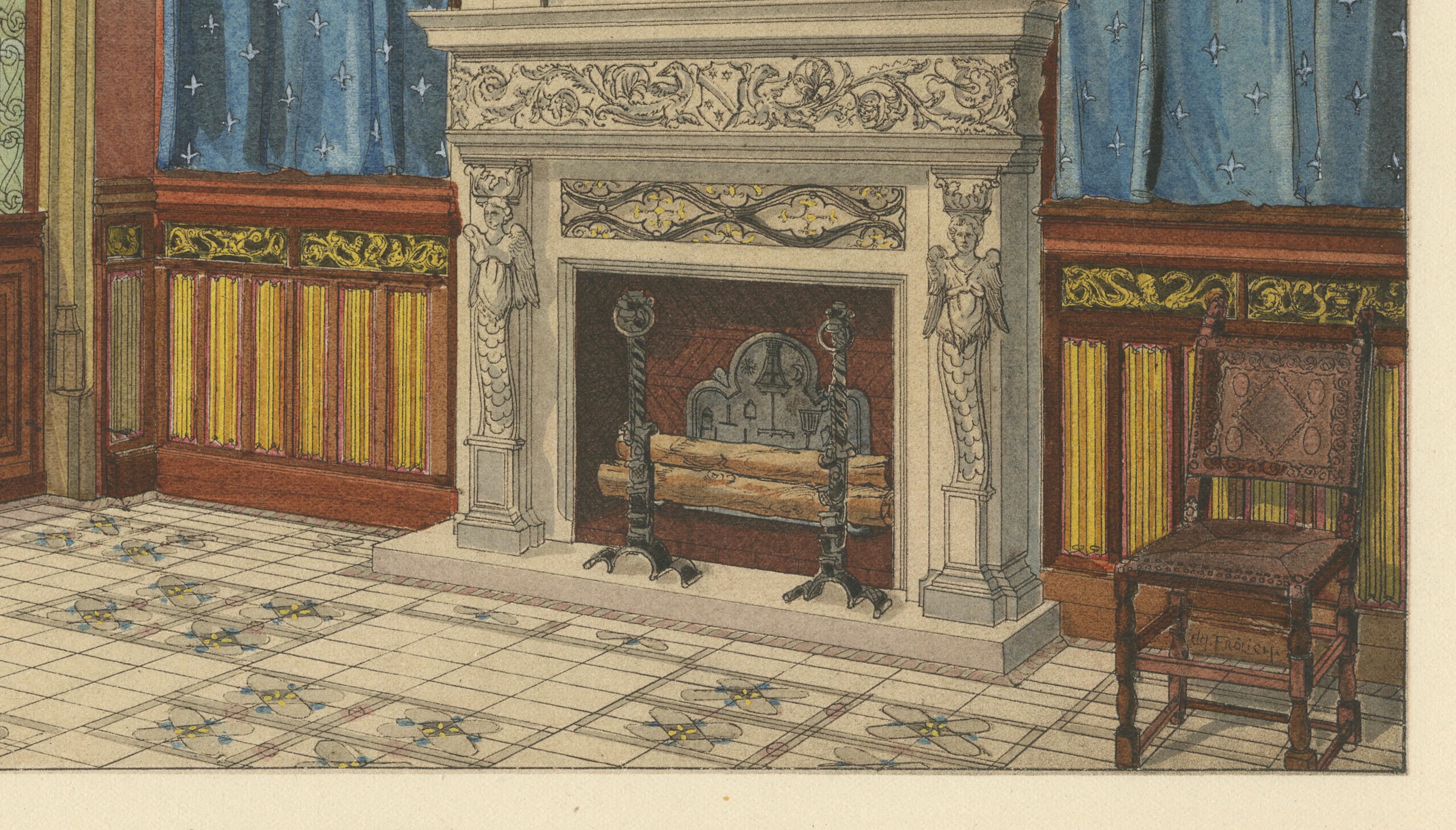 Medieval Revival Office Interior with Monumental Fireplace, c.1900
