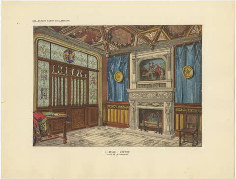 Medieval Revival Office Interior with Monumental Fireplace, c.1900