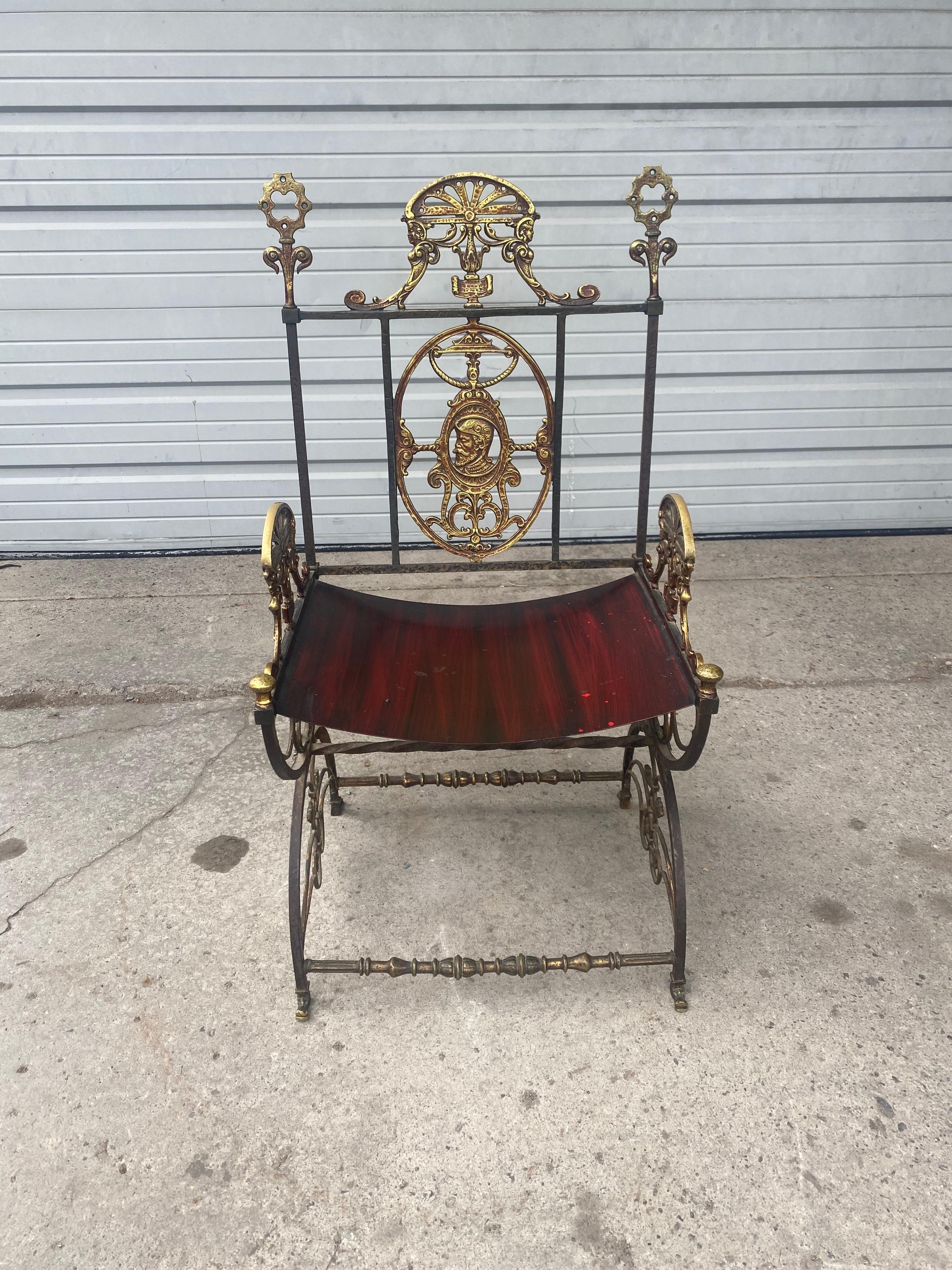American Medieval Revival Wrought Iron, Bronze Arm Chair by Oscar Bach