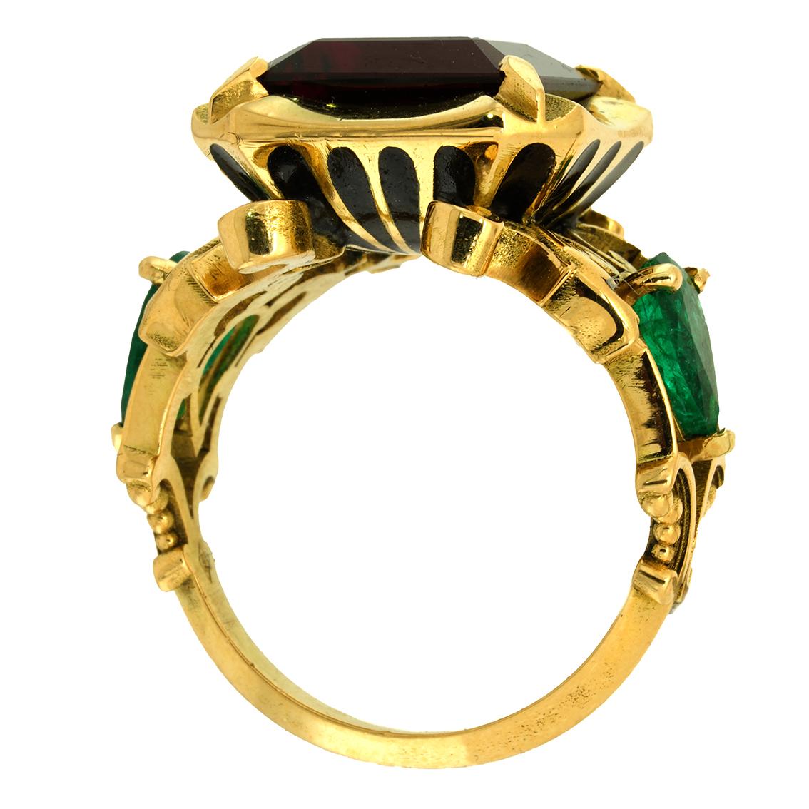 Contemporary 7.9ct Garnet, 1.65cts Emeralds, Enamel, & 18kt Yellow Gold Antique Style Ring  For Sale