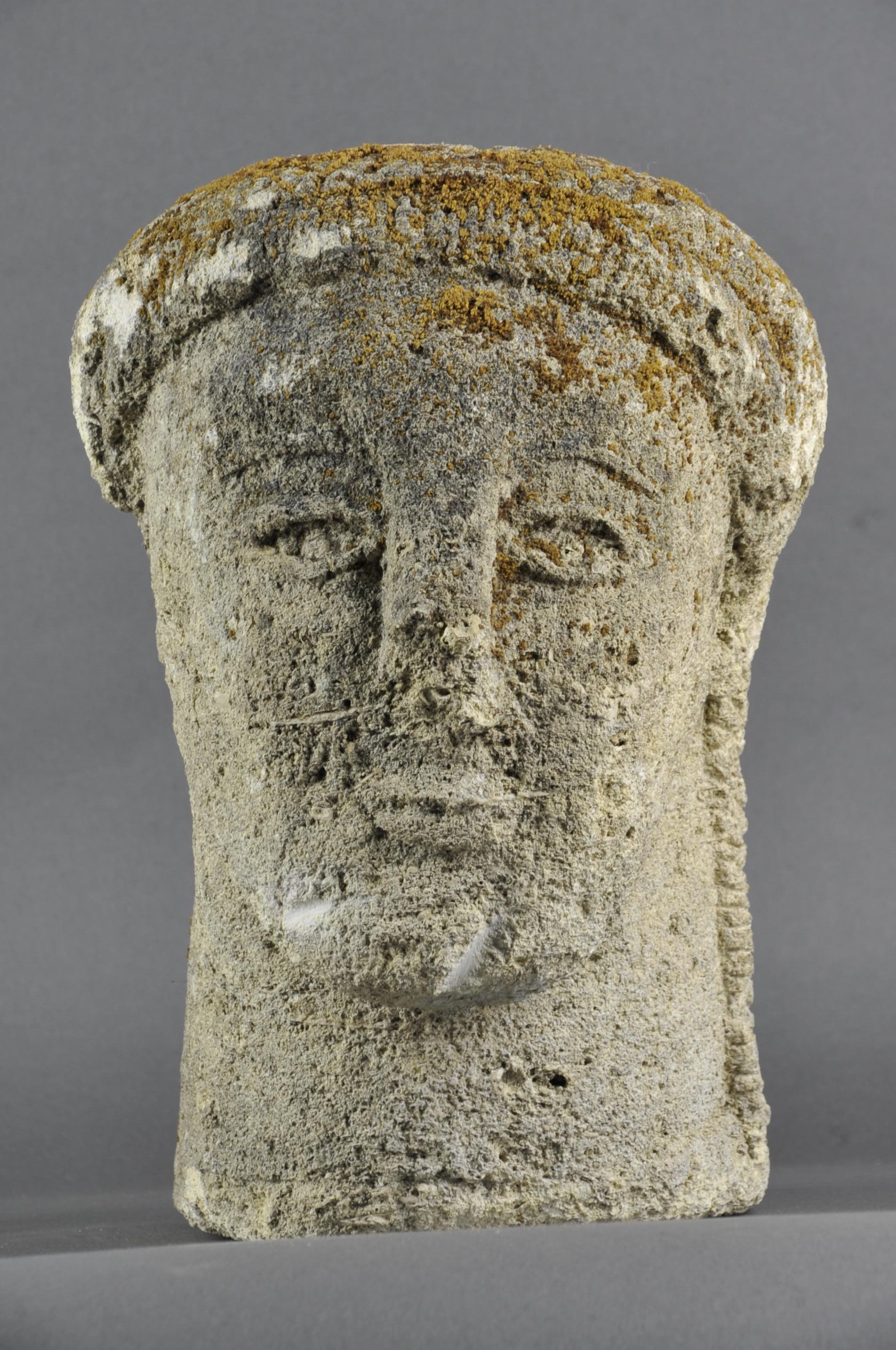 French Medieval Stone Sculpture, Head of a Woman with a Headdress