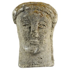 Antique Medieval Stone Sculpture, Head of a Woman with a Headdress