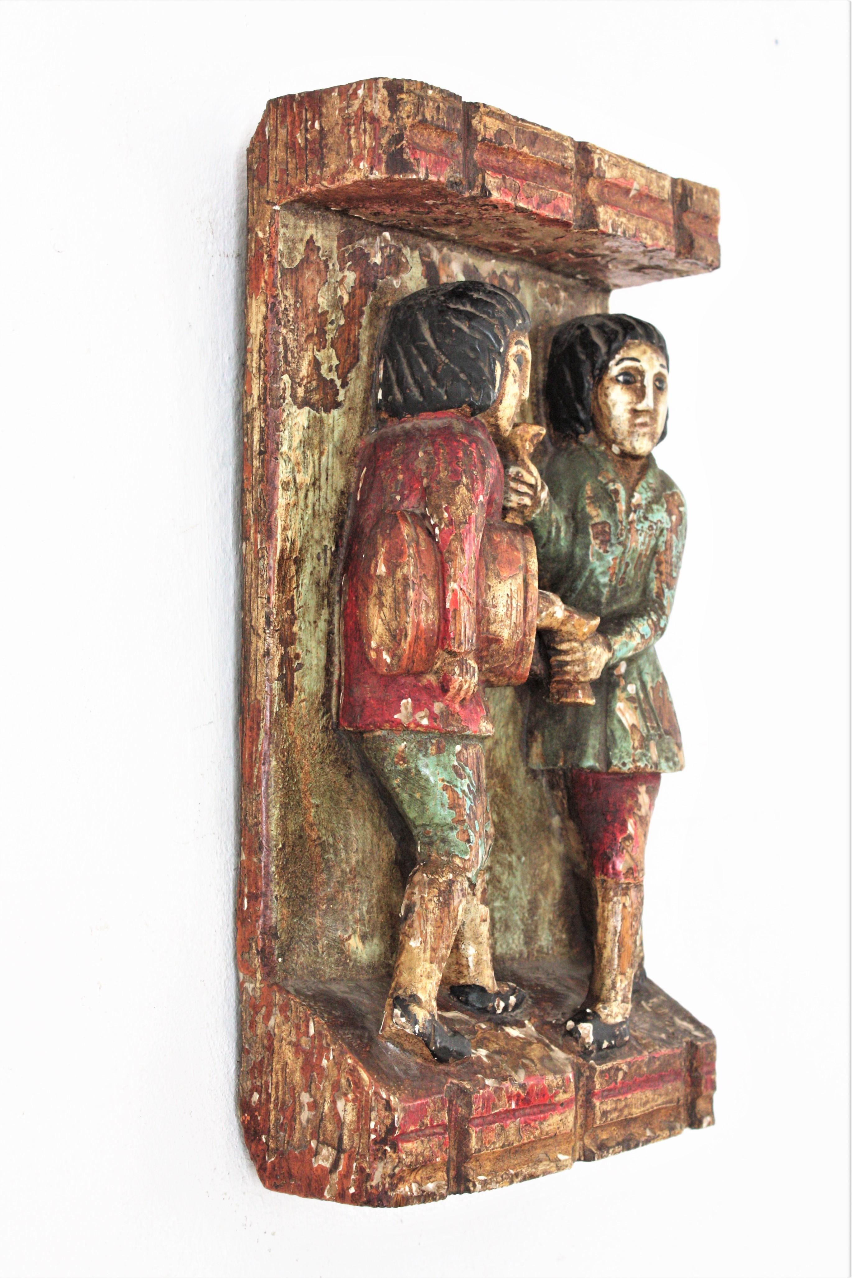 Mid-Century Modern Medieval Style Bas Relief in Polychrome Carved Wood, Spain, 1950s For Sale
