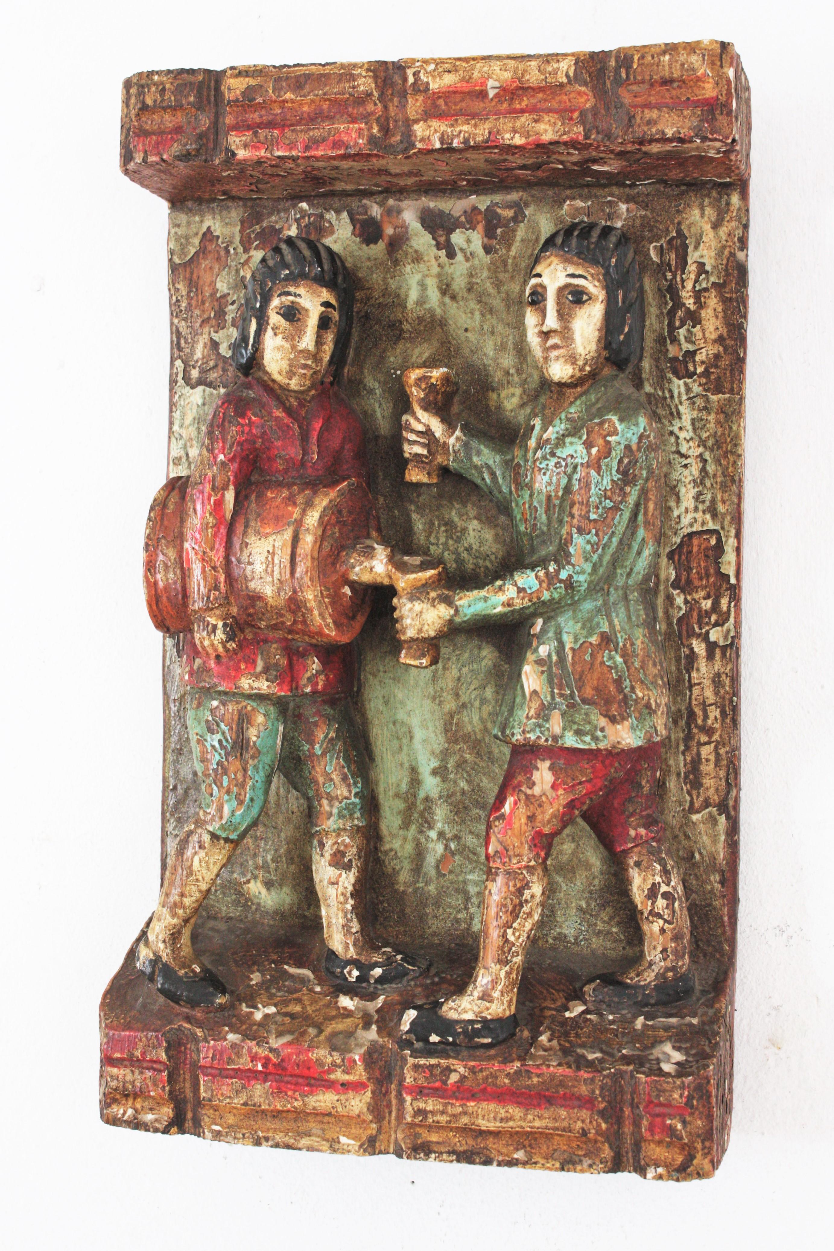 Hand-Carved Medieval Style Bas Relief in Polychrome Carved Wood, Spain, 1950s For Sale