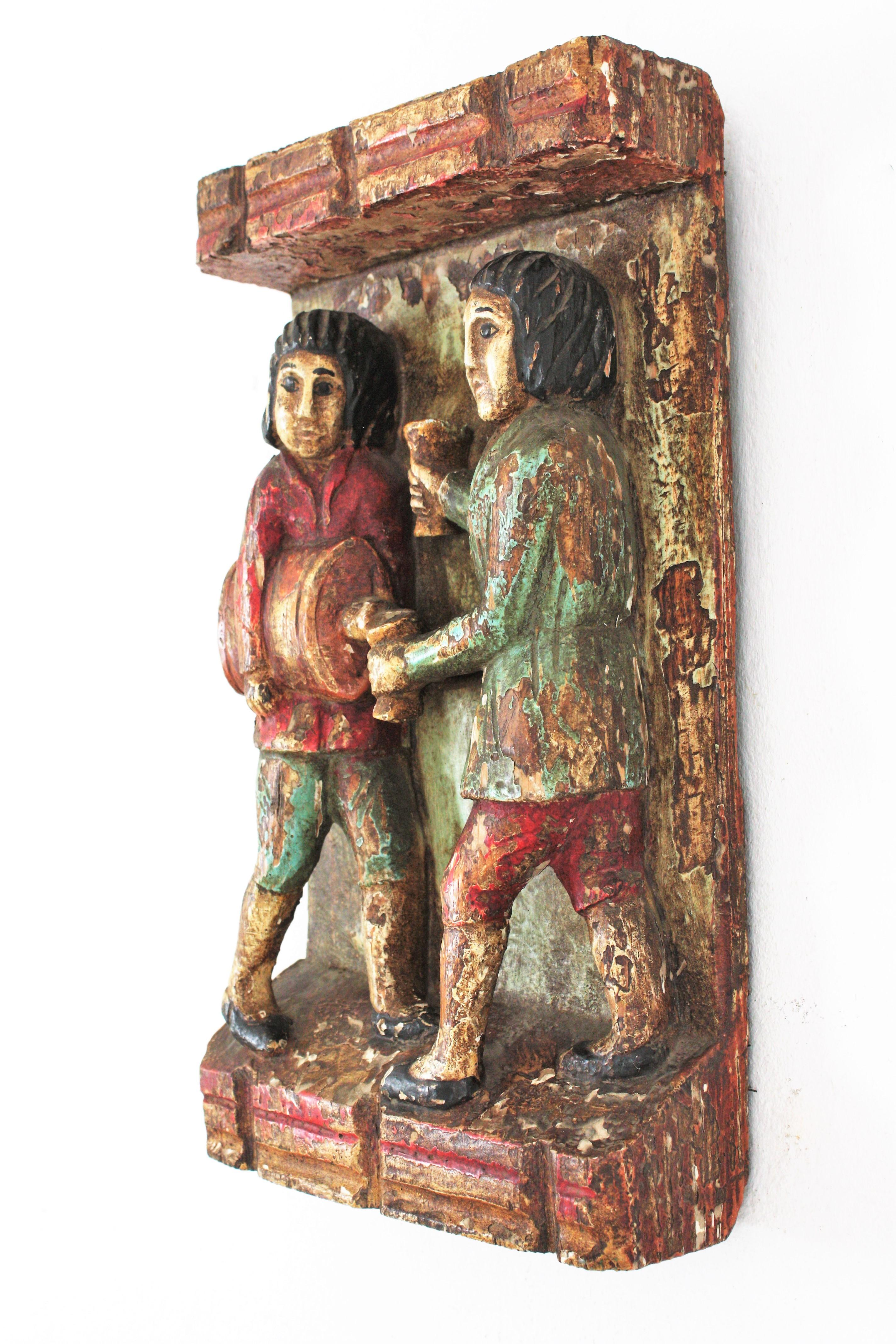 20th Century Medieval Style Bas Relief in Polychrome Carved Wood, Spain, 1950s For Sale