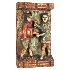 Medieval Style Bas Relief in Polychrome Carved Wood, Spain, 1950s
