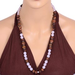 Medieval Style Beaded Necklace with Agate, Tiger Eye, Rutile and Diamond Accents