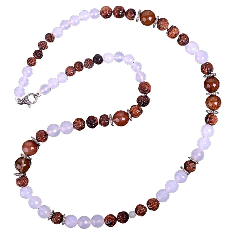Collier de perles de style médiéval avec agate, œil de tigre, rutile et diamants