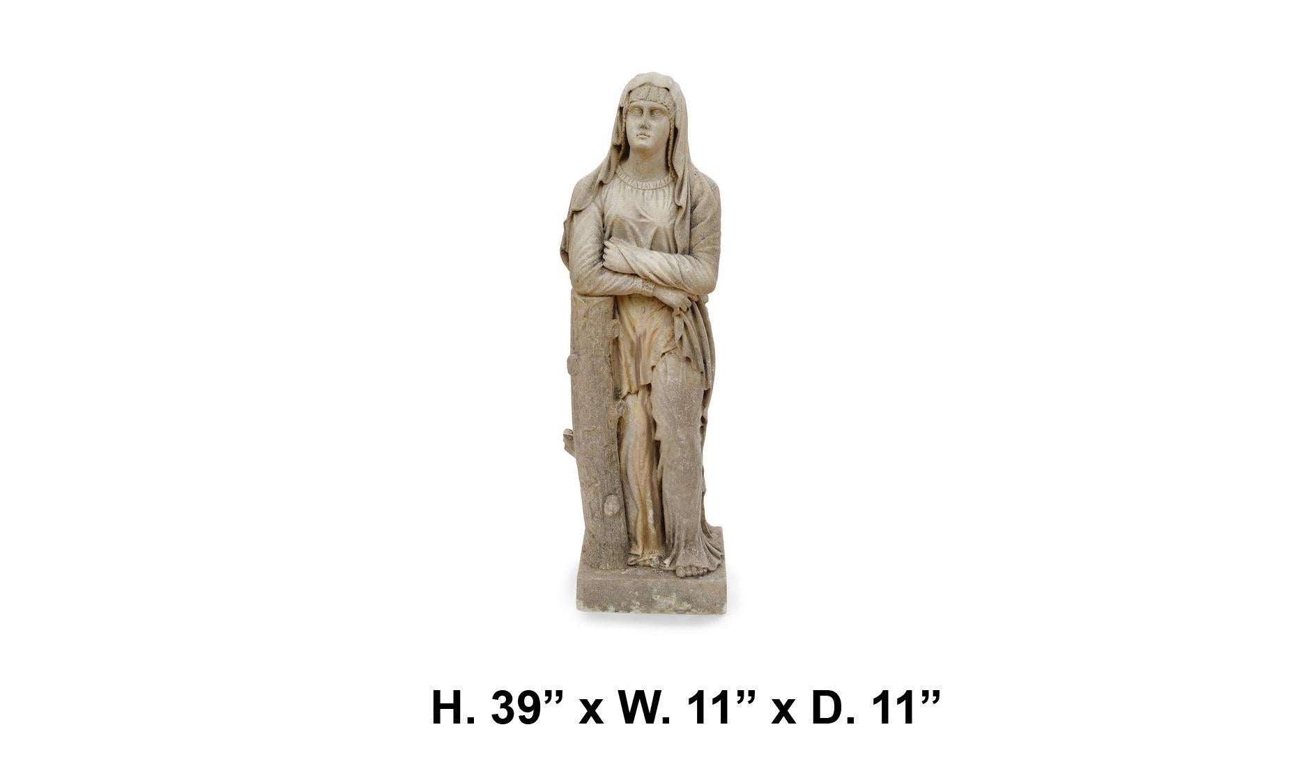 A exquisite Medieval style hand-carved stone garden sculpture of a maiden dressed in Classical robes leaning on a tree stump, above a conforming base. 18century possible earlier.
Can be used for both interior and exterior purposes. 
Measures: H.