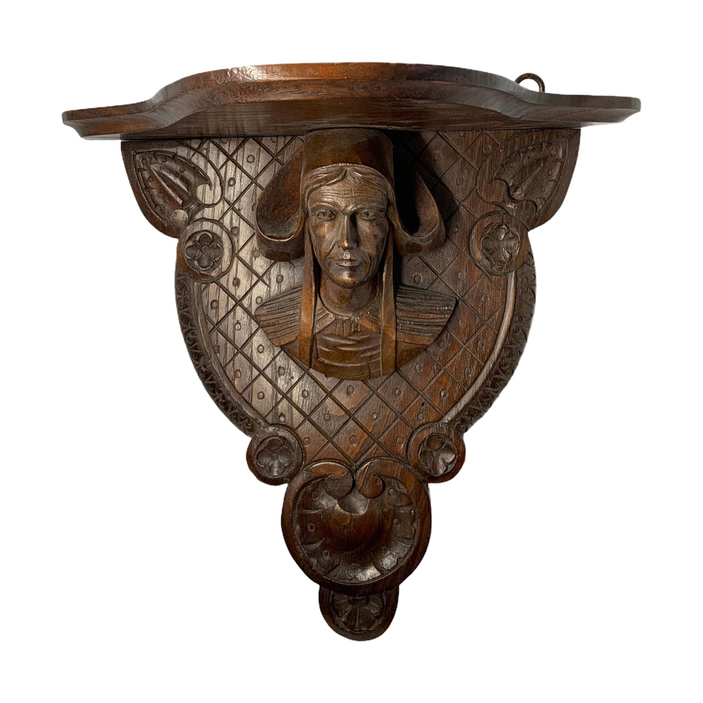 Medieval Style Carved Wood Figure Wall Bracket/Shelf