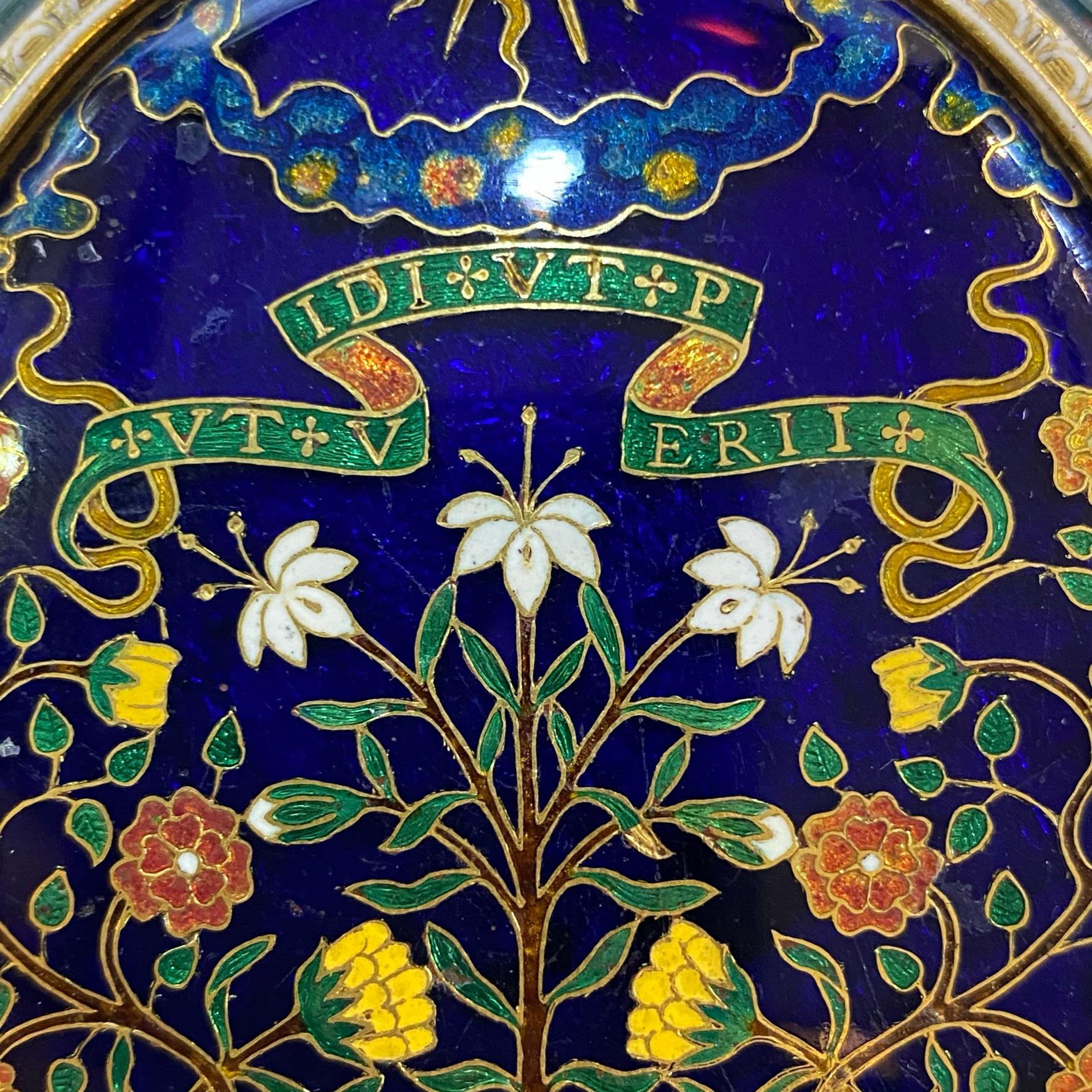 Renaissance Revival Medieval Style Cloisonne Enamel Mirror Pendant with Latin Inscriptions