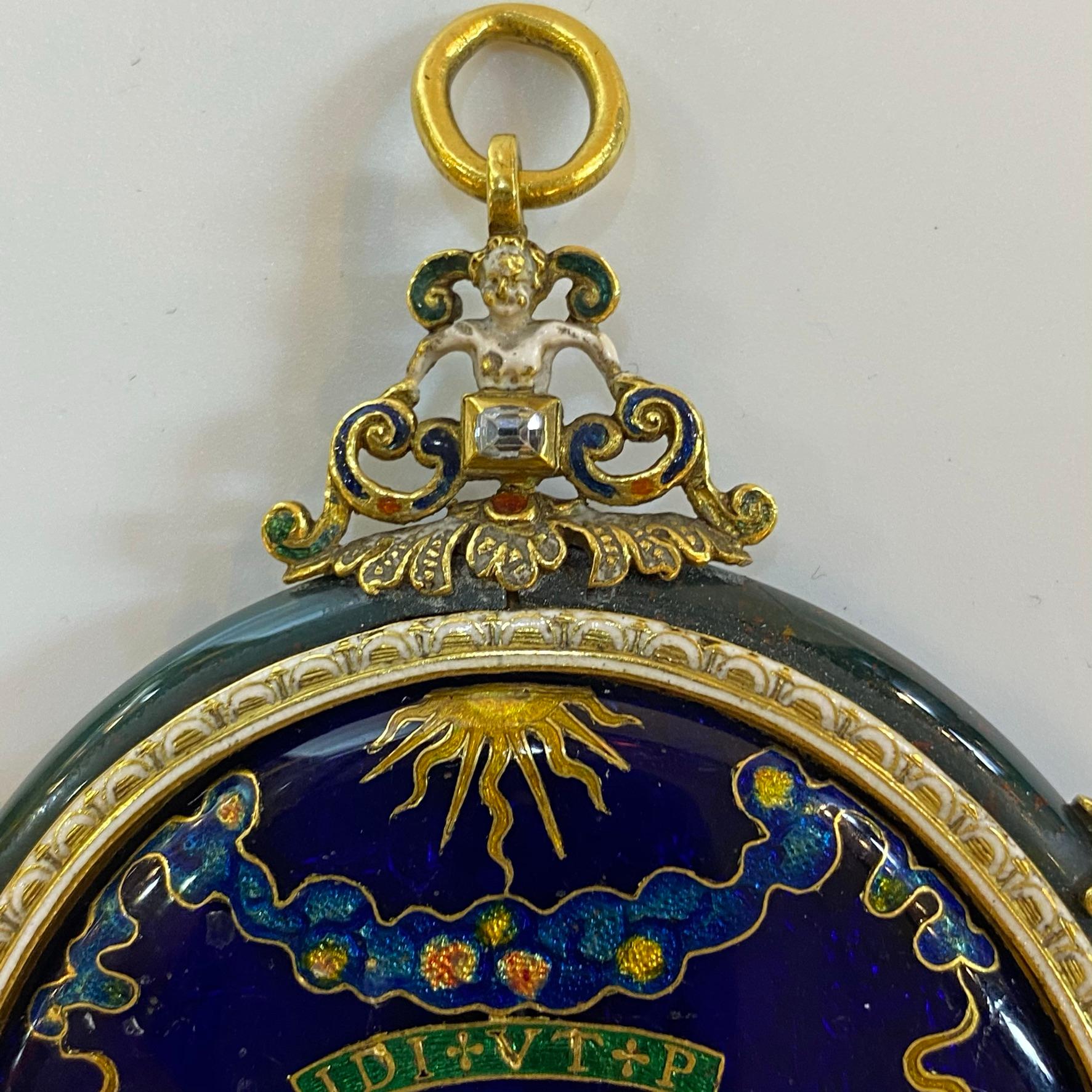 French Medieval Style Cloisonne Enamel Mirror Pendant with Latin Inscriptions