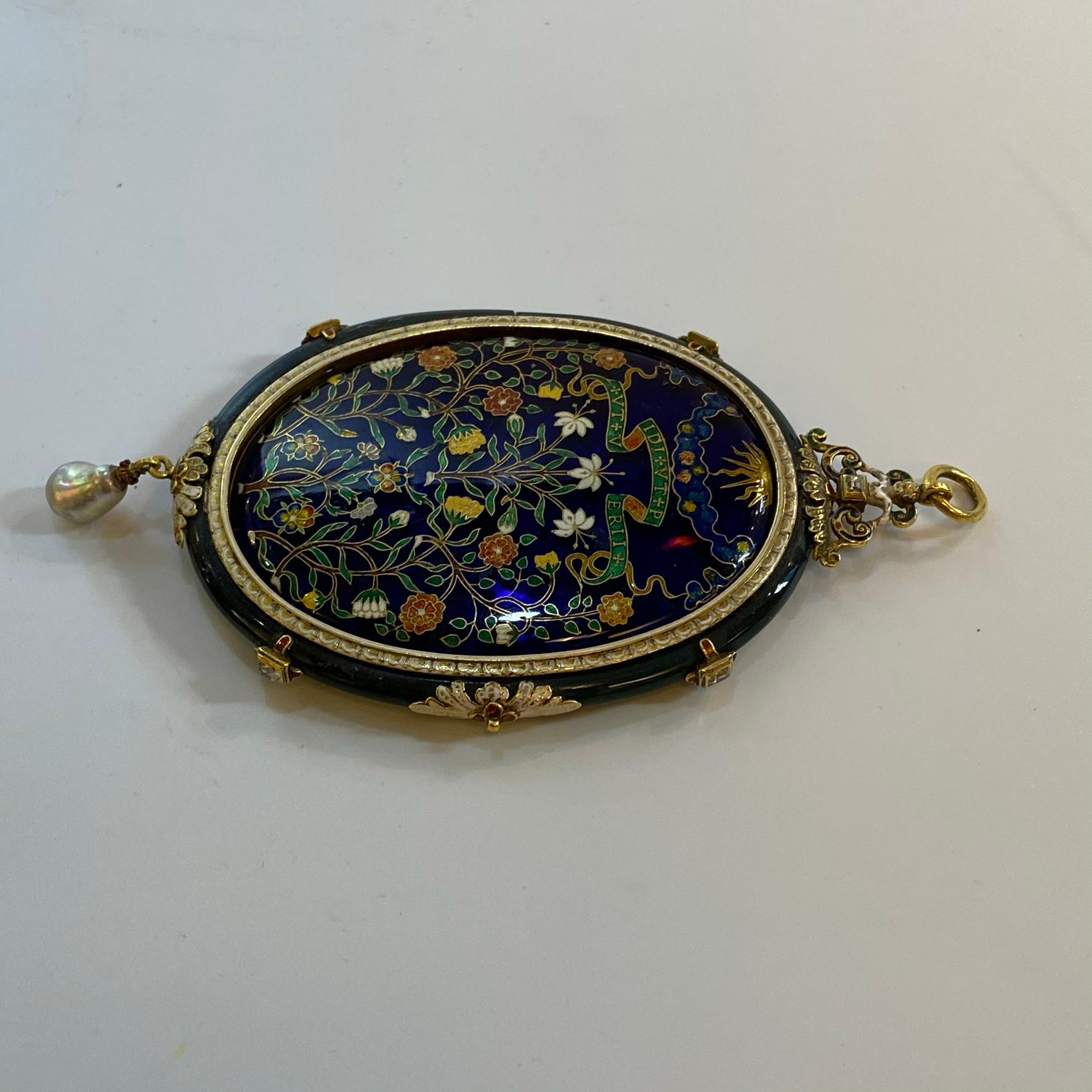 19th Century Medieval Style Cloisonne Enamel Mirror Pendant with Latin Inscriptions