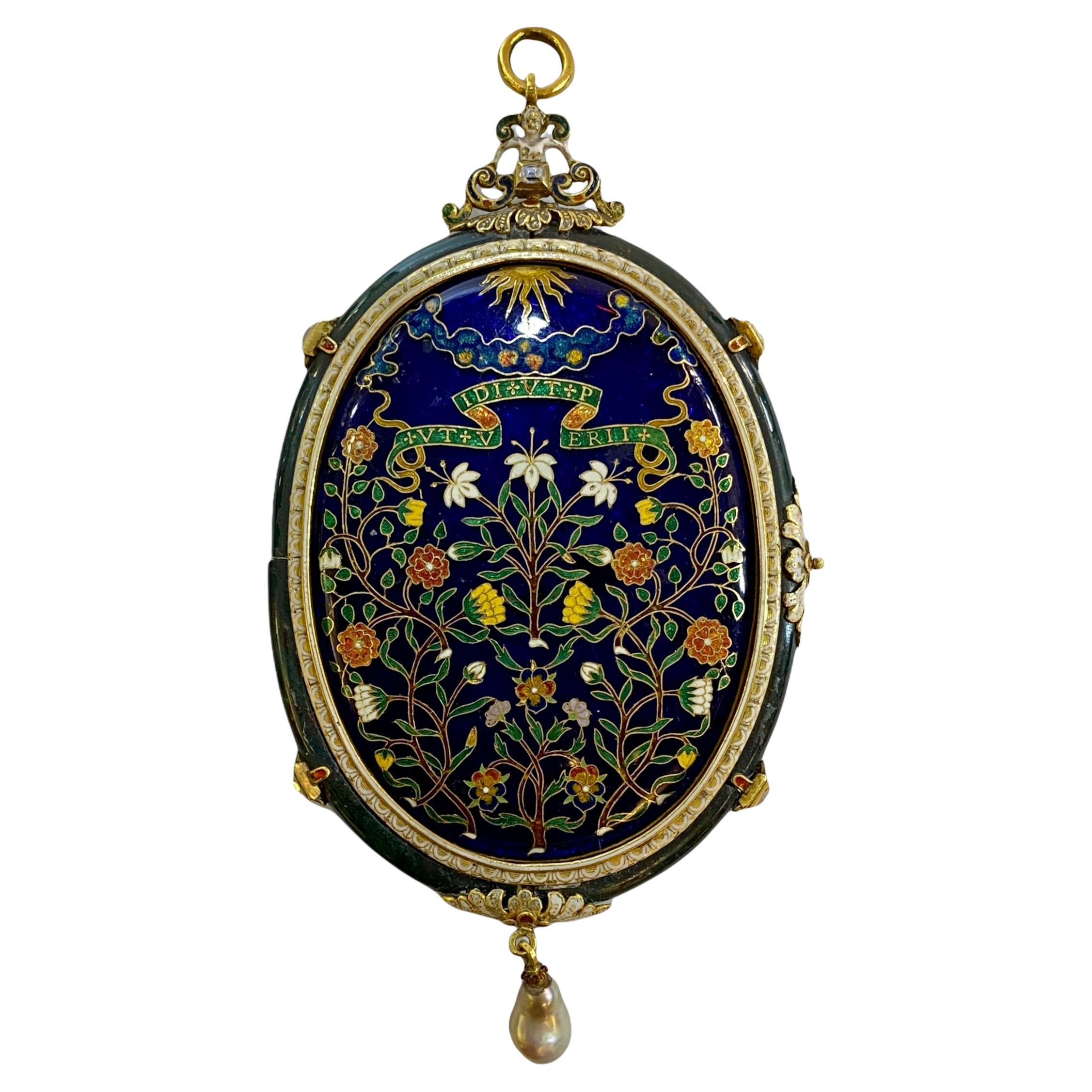 Medieval Style Cloisonne Enamel Mirror Pendant with Latin Inscriptions