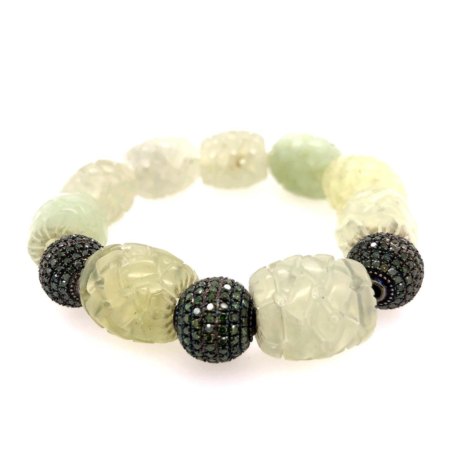 Mixed Cut Medieval Style Faceted Jade & Pave Diamonds Beads Bracelet For Sale
