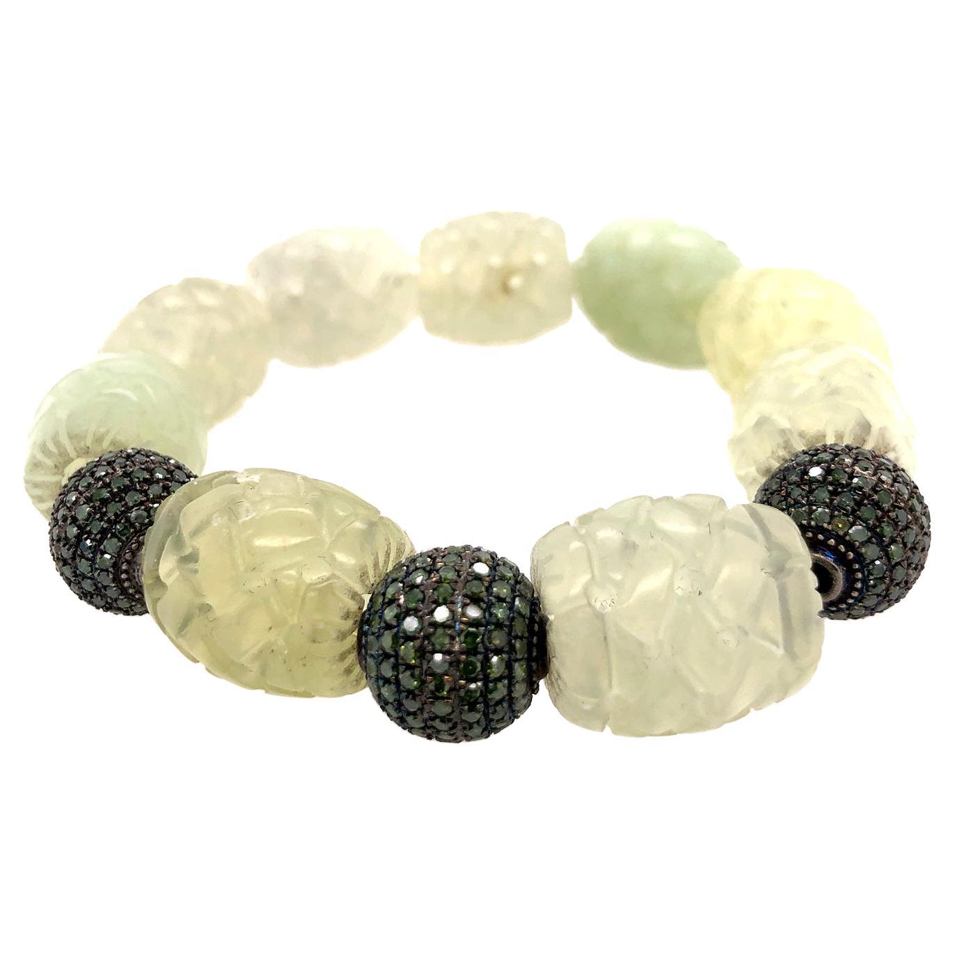 Medieval Style Faceted Jade & Pave Diamonds Beads Bracelet