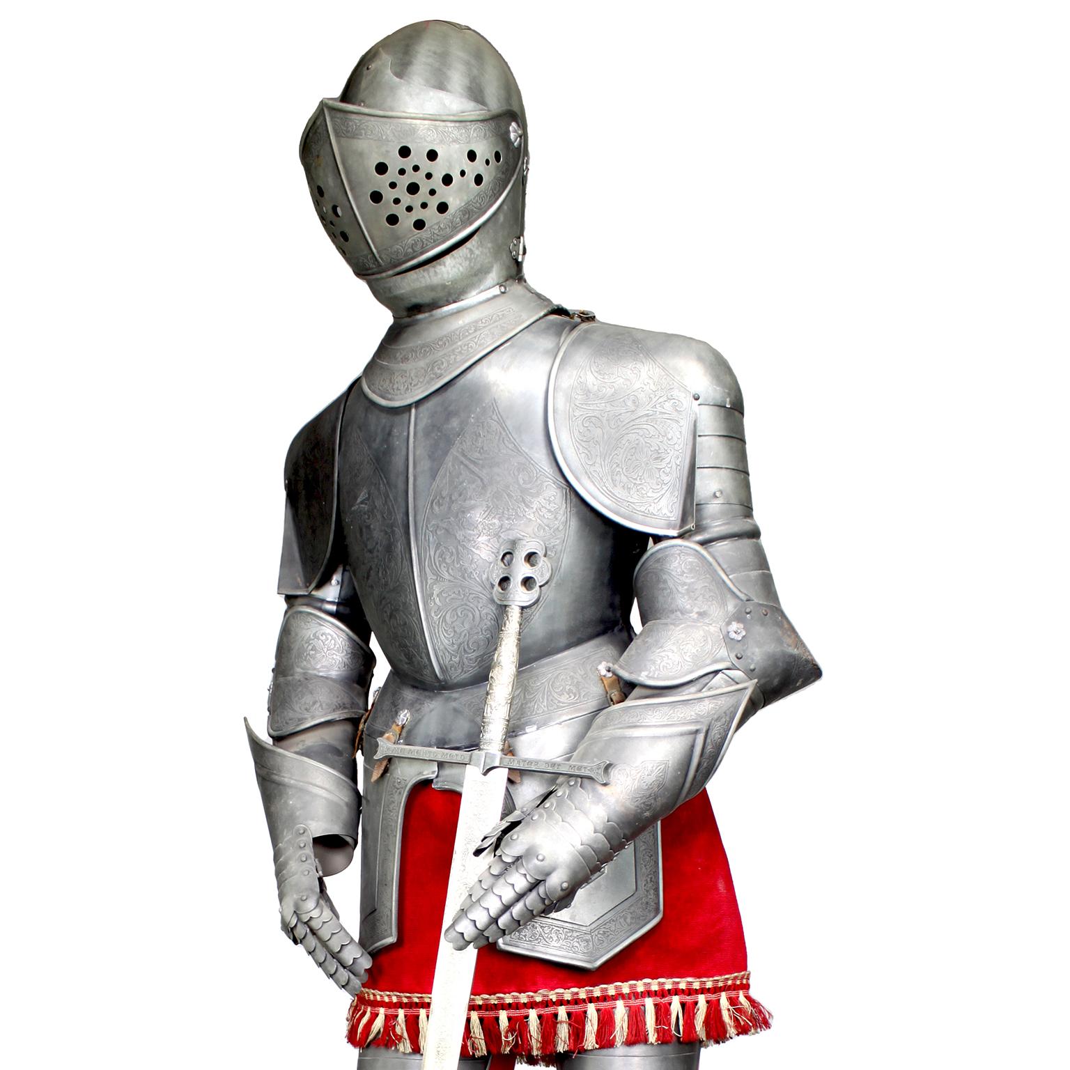 A Medieval style full-body size embossed Metal suit of armor with sword, raised on a square wooden painted base. Circa: Late 20th century

Measures: Overall height: 76 inches
Armor height: 70 inches
Armor width: 29 inches
Armor depth: 18