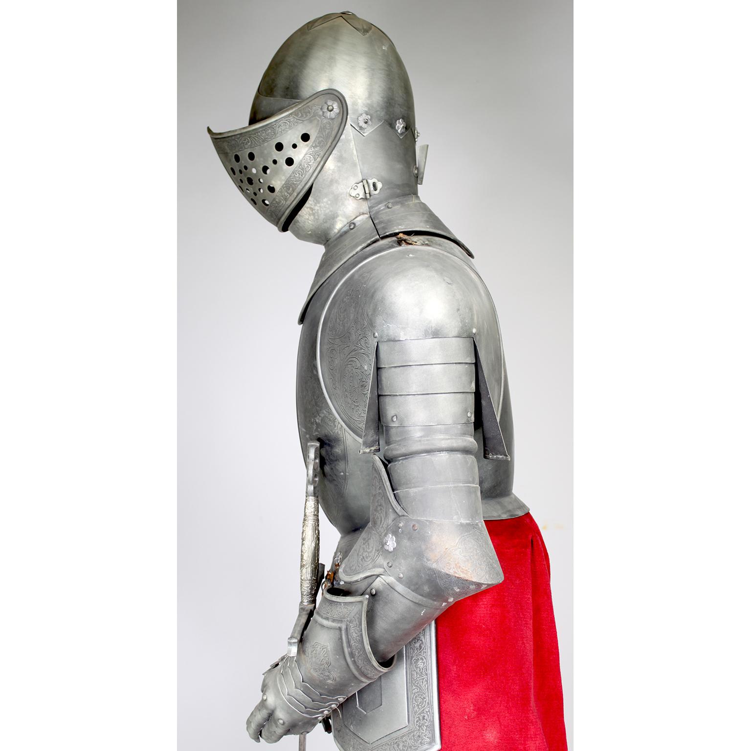 Medieval Style Full-Body Size Embossed Metal Suit of Armor or Armour with Sword In Fair Condition In Los Angeles, CA