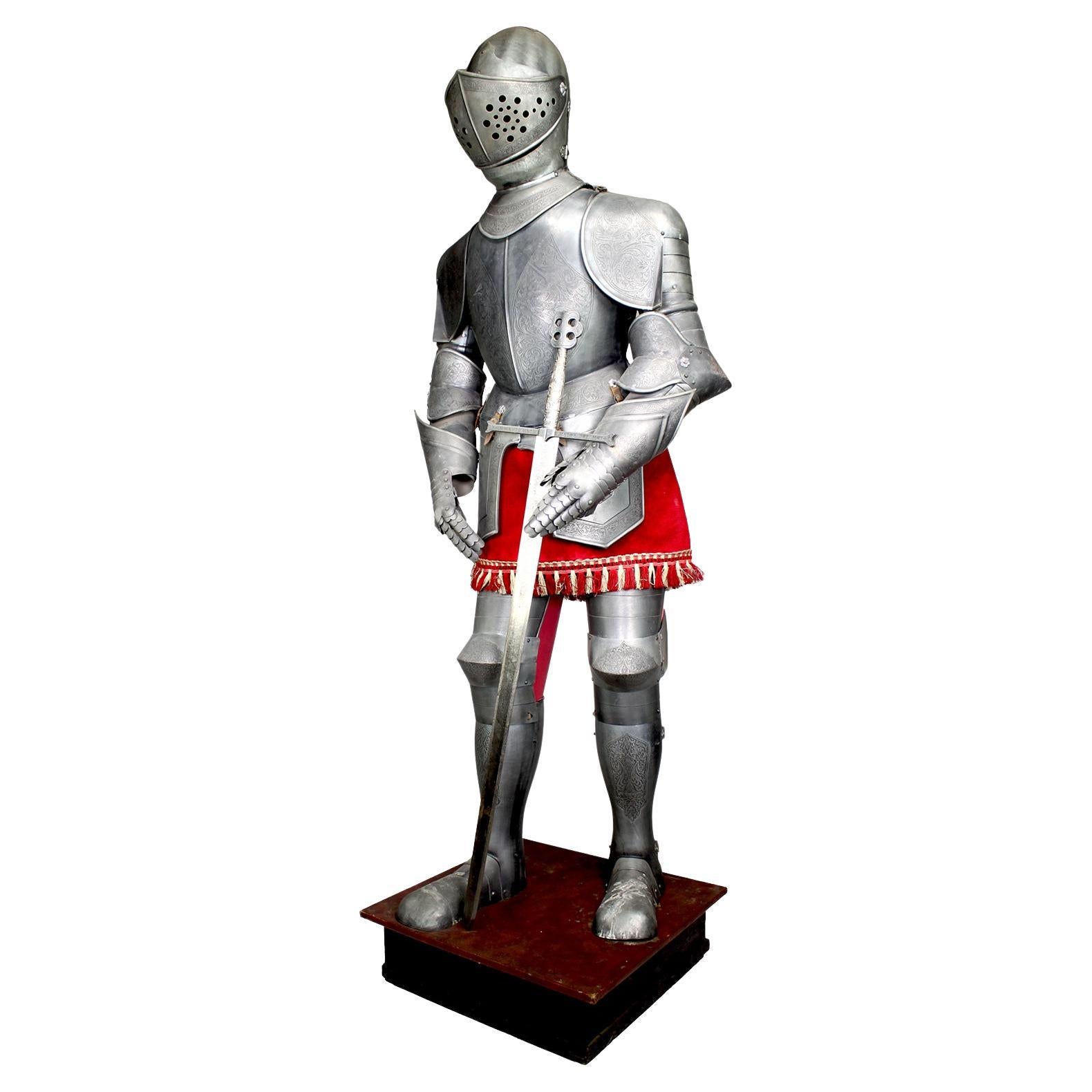 Medieval Style Full-Body Size Embossed Metal Suit of Armor or Armour with  Sword For Sale at 1stDibs