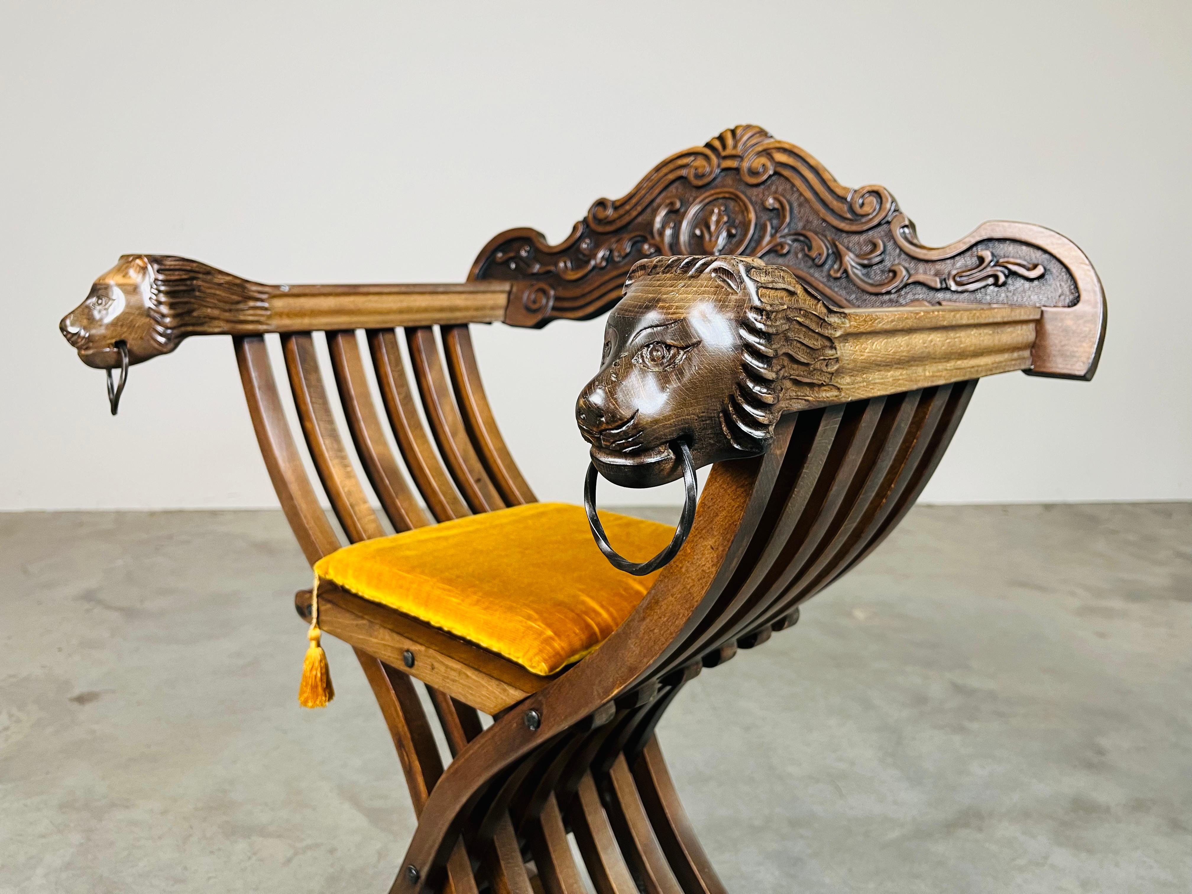Velvet Renaissance Medieval Style Mahogany Lion Face X-Base Throne Chair Italy 1920s