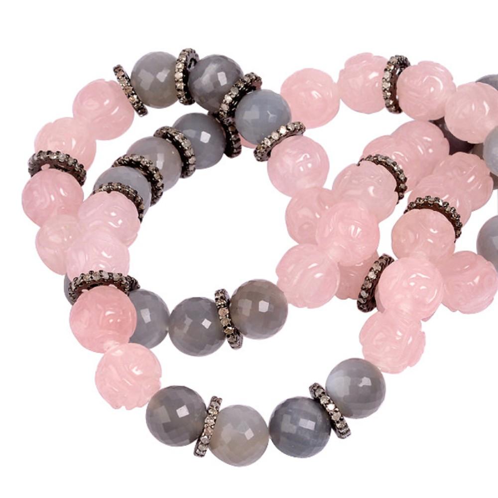 Medievale Collana con perline di quarzo rosa e pietra di luna in stile medievale con diamanti in A. Silver in vendita