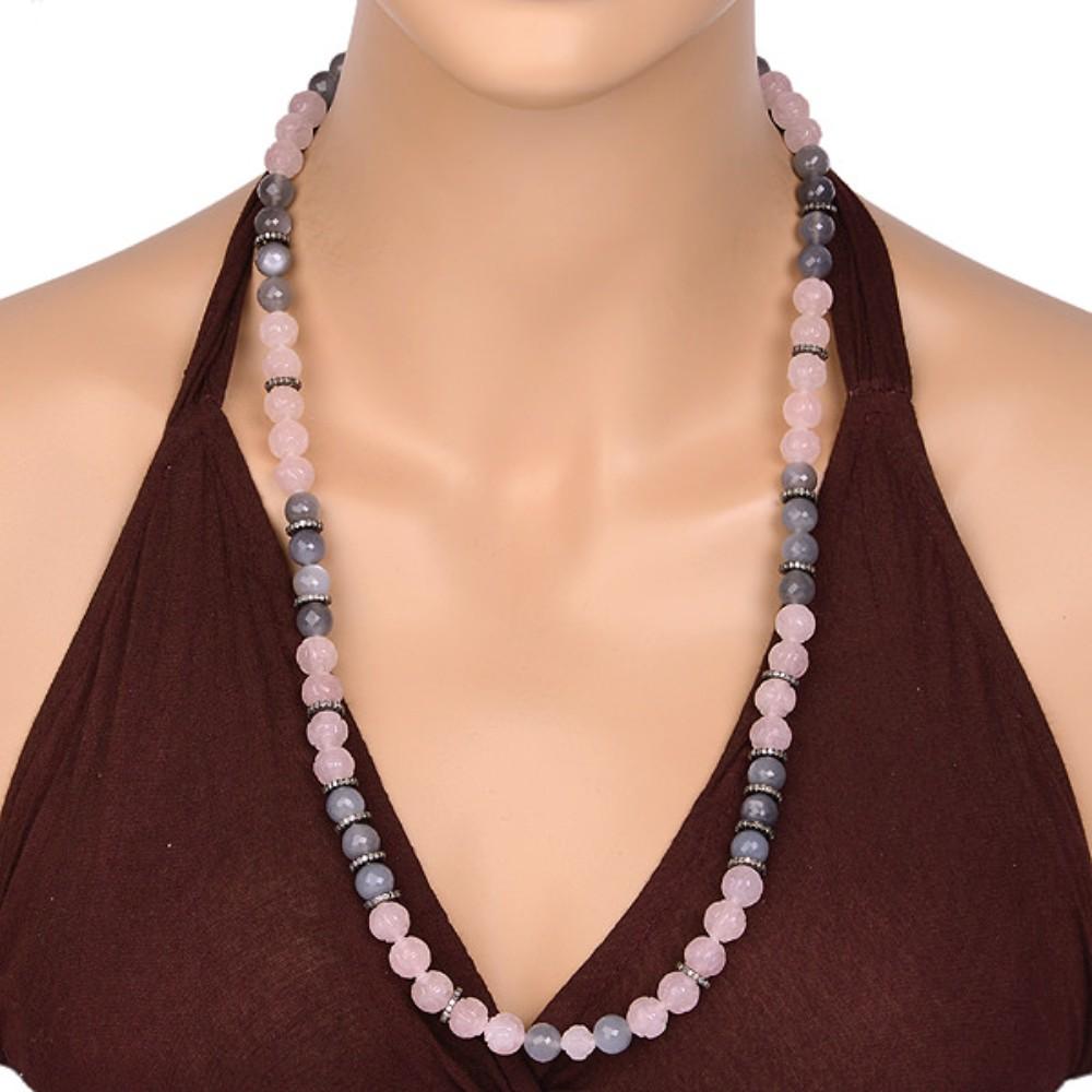 Mixed Cut Medieval Style Rose Quartz & Moonstone Beaded Neckalce with Diamonds in Silver For Sale