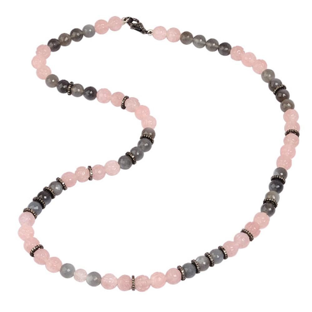 Medieval Style Rose Quartz & Moonstone Beaded Neckalce with Diamonds in Silver For Sale