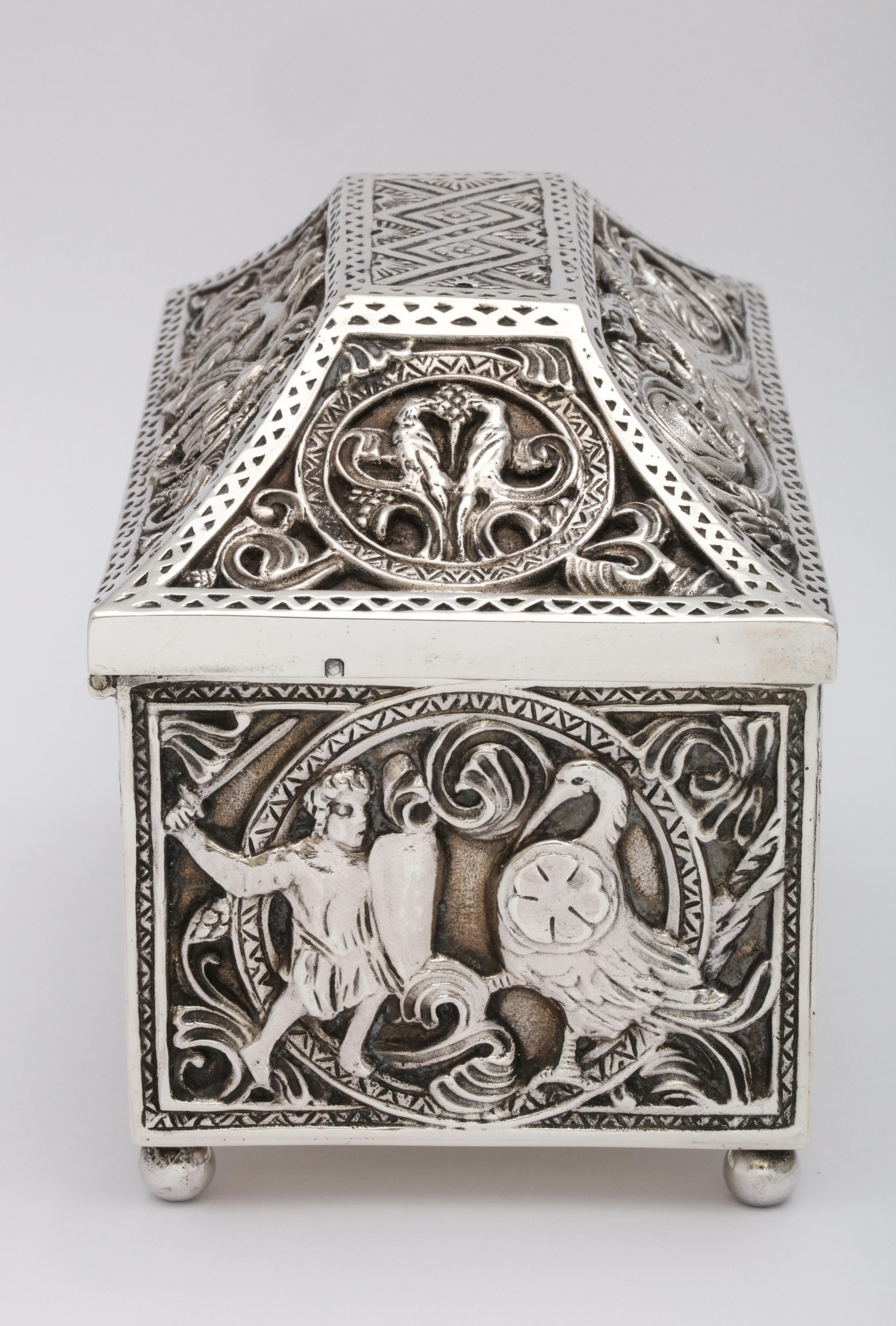 French Medieval-Style Sterling Silver '.950' Footed Jewelry Box with Hinged Lid, Paris