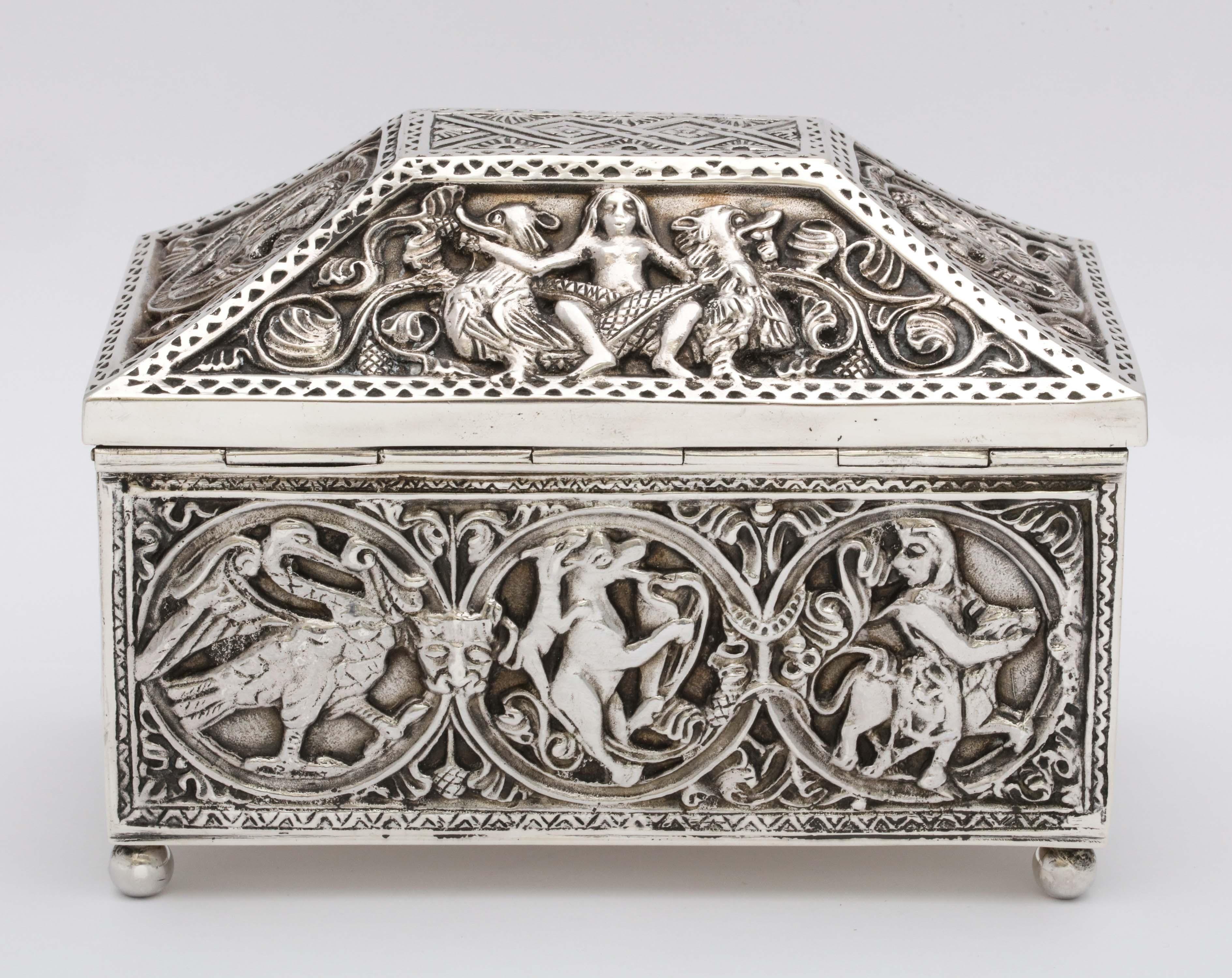 Medieval-Style Sterling Silver '.950' Footed Jewelry Box with Hinged Lid, Paris 1