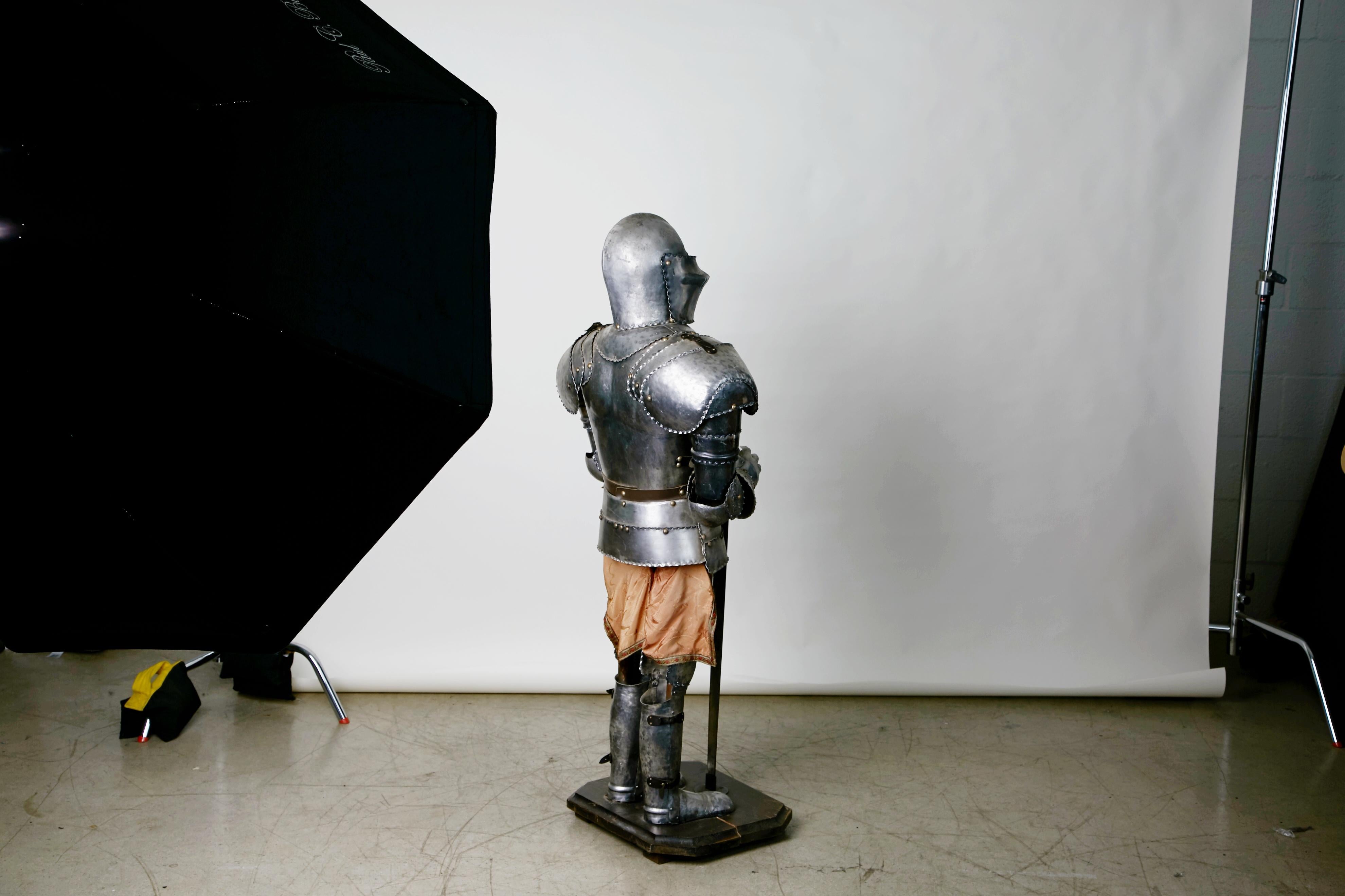 Hollywood Regency Medieval Style Suit of Fully Articulating Armor with Sword on Display Stand