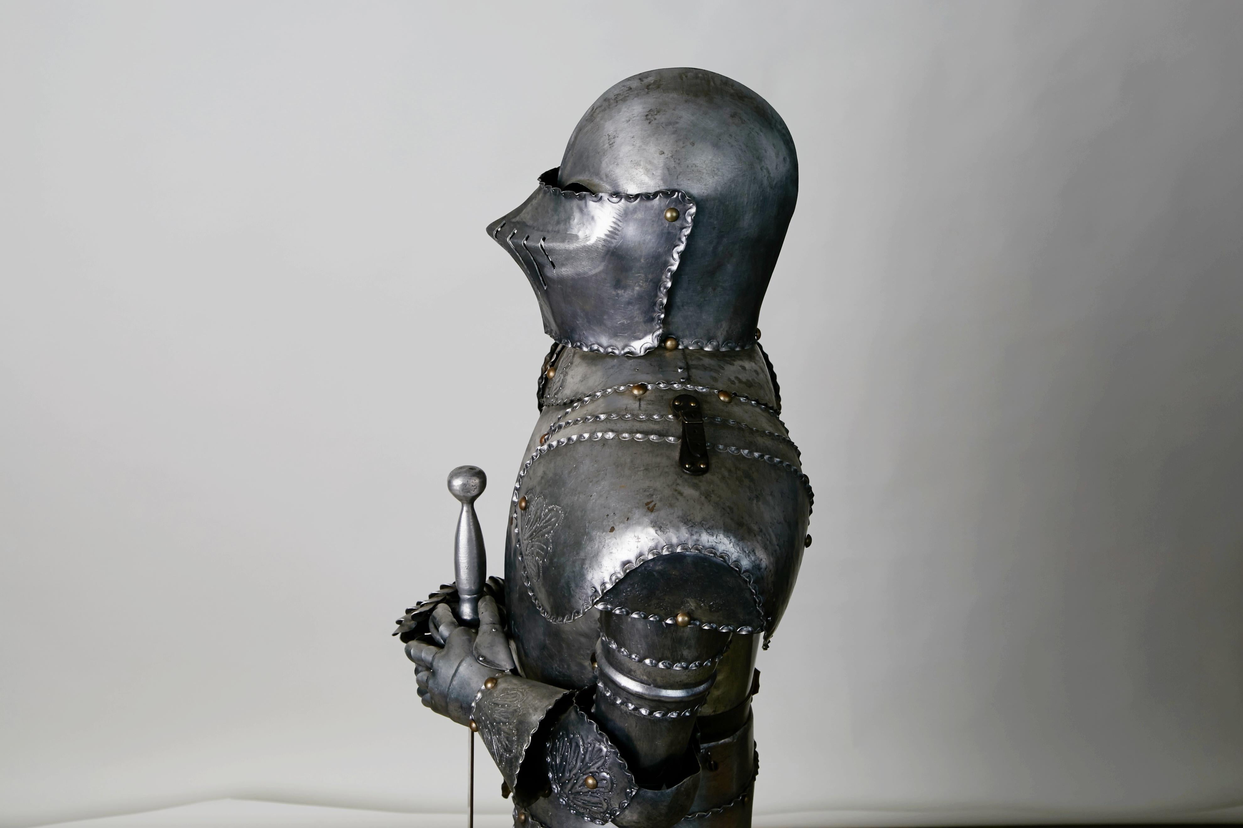 20th Century Medieval Style Suit of Fully Articulating Armor with Sword on Display Stand